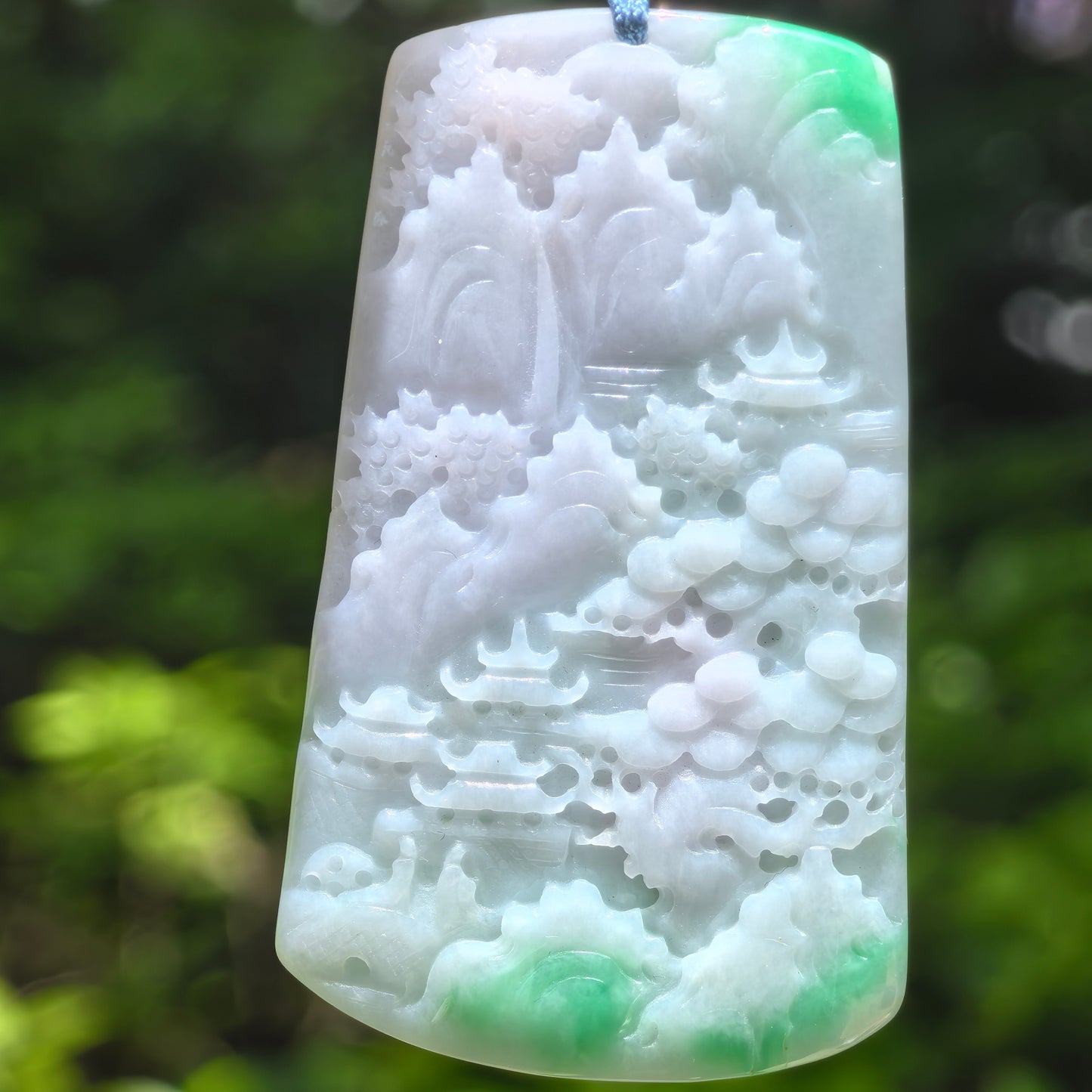 Natural Grade-A Glutinous White-Base Green Landscape Plaque Jadeite Pendant · Burmese Jade