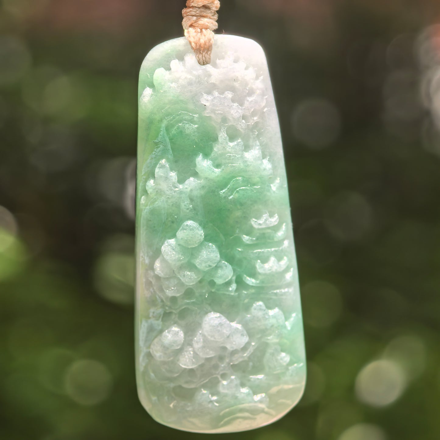 Natural Grade-A Glutinous White-Base Green Landscape Plaque Jadeite Pendant · Burmese Jade