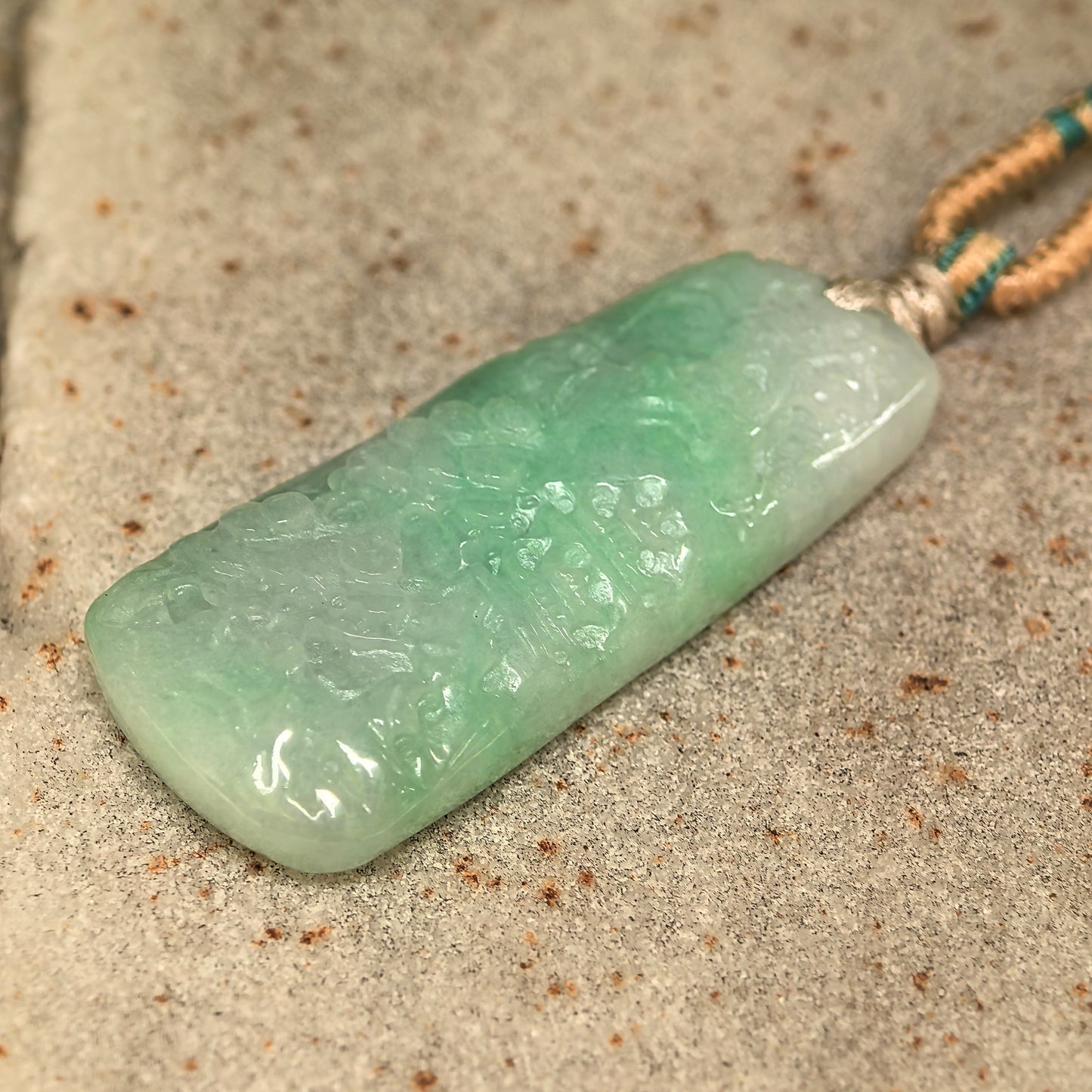 Natural Grade-A Glutinous White-Base Green Landscape Plaque Jadeite Pendant · Burmese Jade