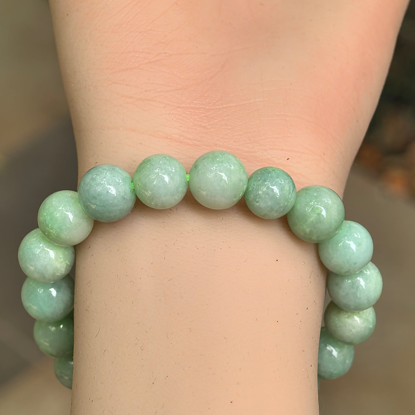 Natural Grade-A Bean Glutinous Apple Green Round Bead Jadeite Bracelet · Burmese Jade 10mm