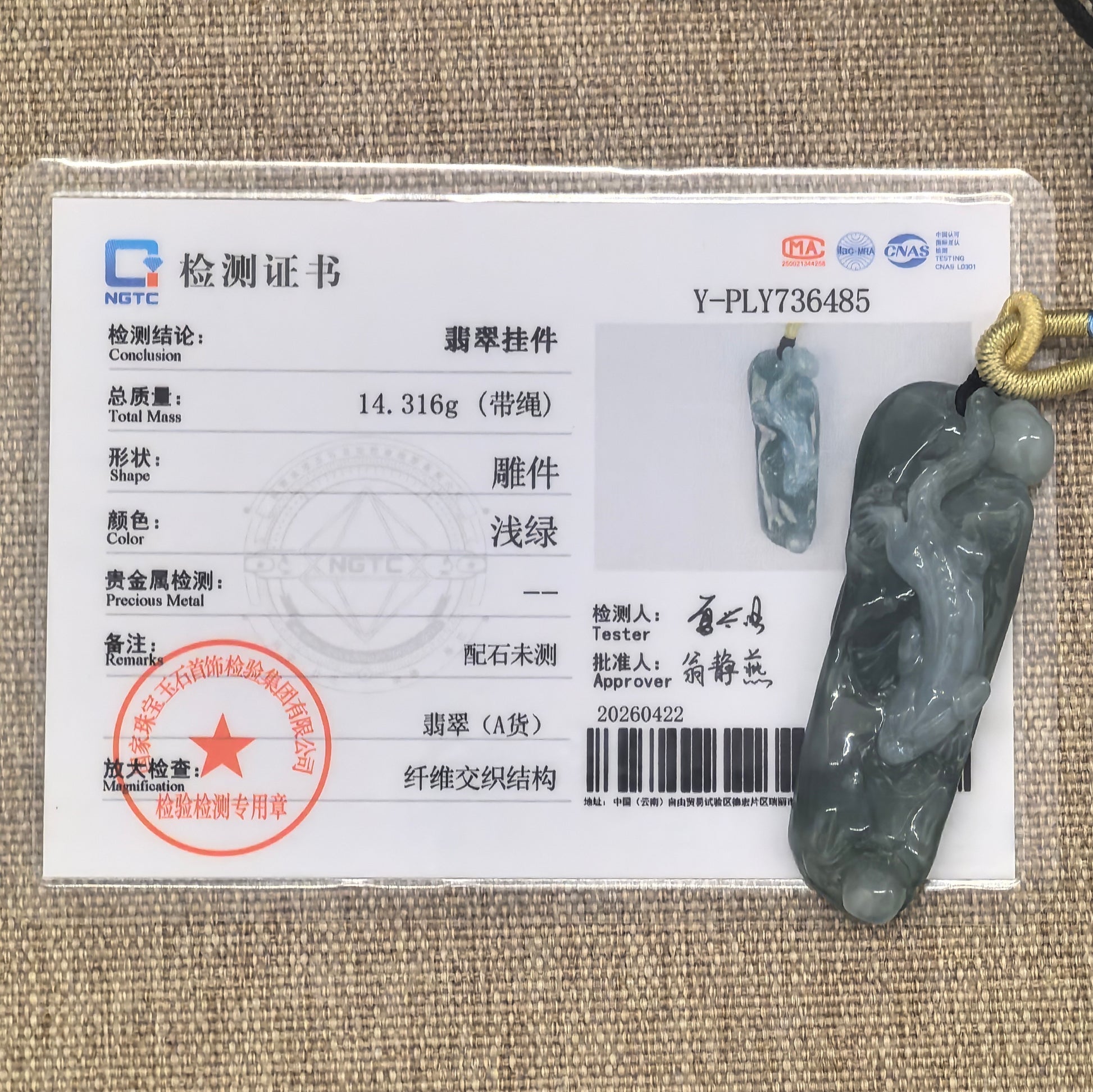 NGTC certified Natural Grade-A oil green chi-dragon jadeite pendant shown with matching certificate.