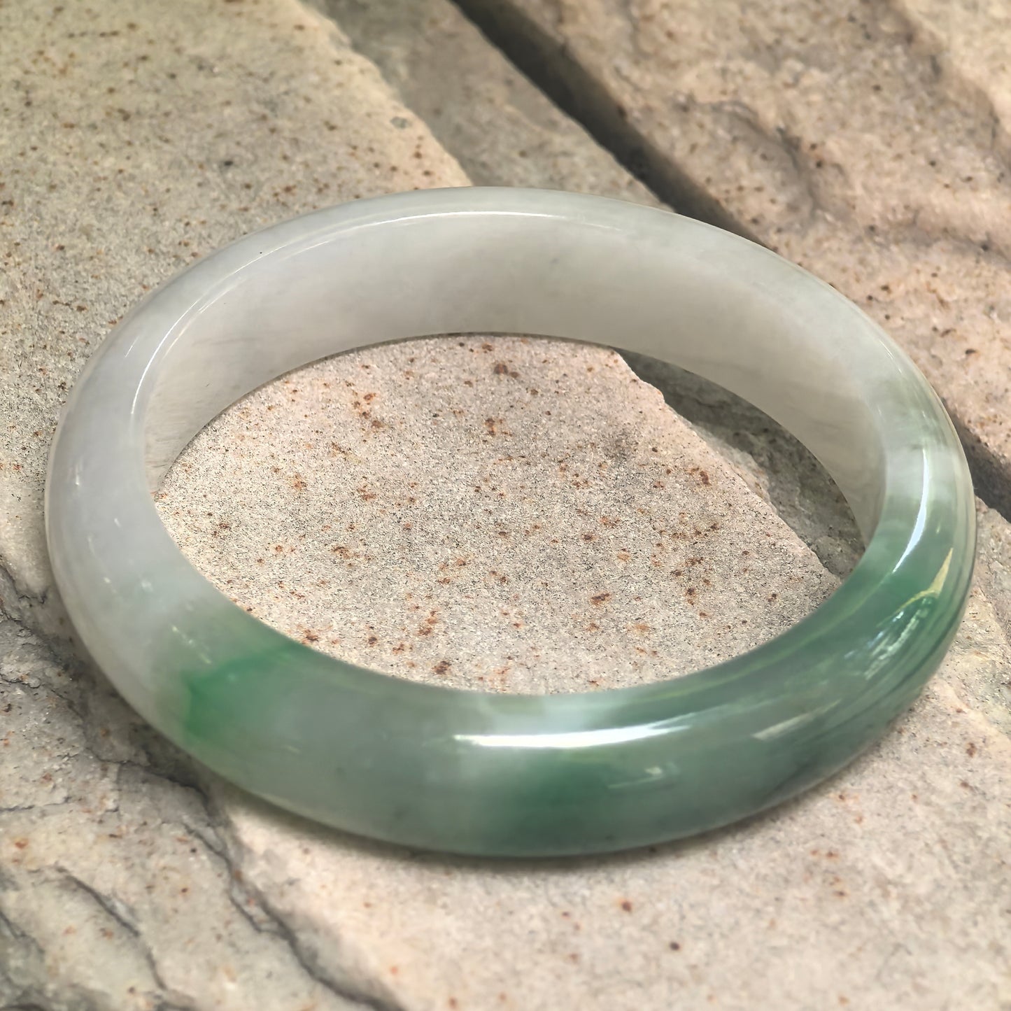 Natural Grade-A Fine Glutinous White-Base Green D-Shape Jadeite Bangle · Burmese Jade 56mm