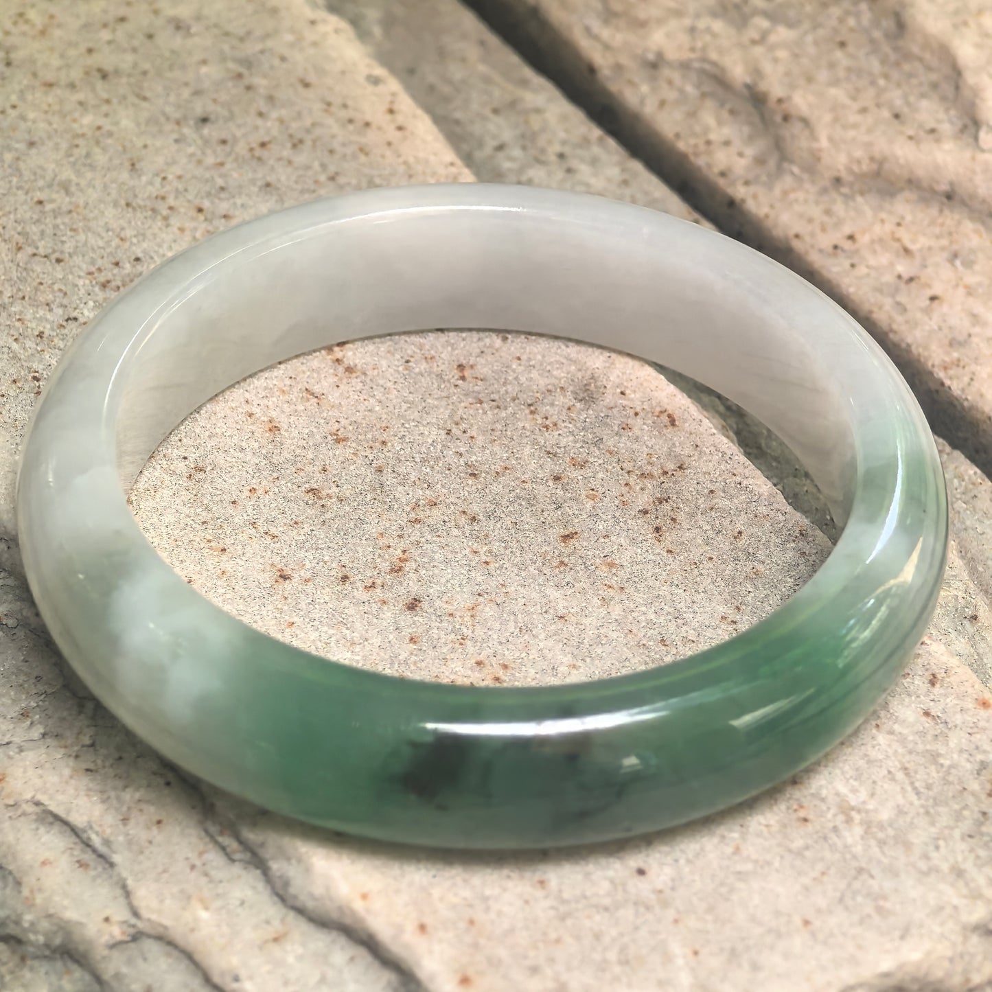 Natural Grade-A Fine Glutinous White-Base Green D-Shape Jadeite Bangle · Burmese Jade 56mm