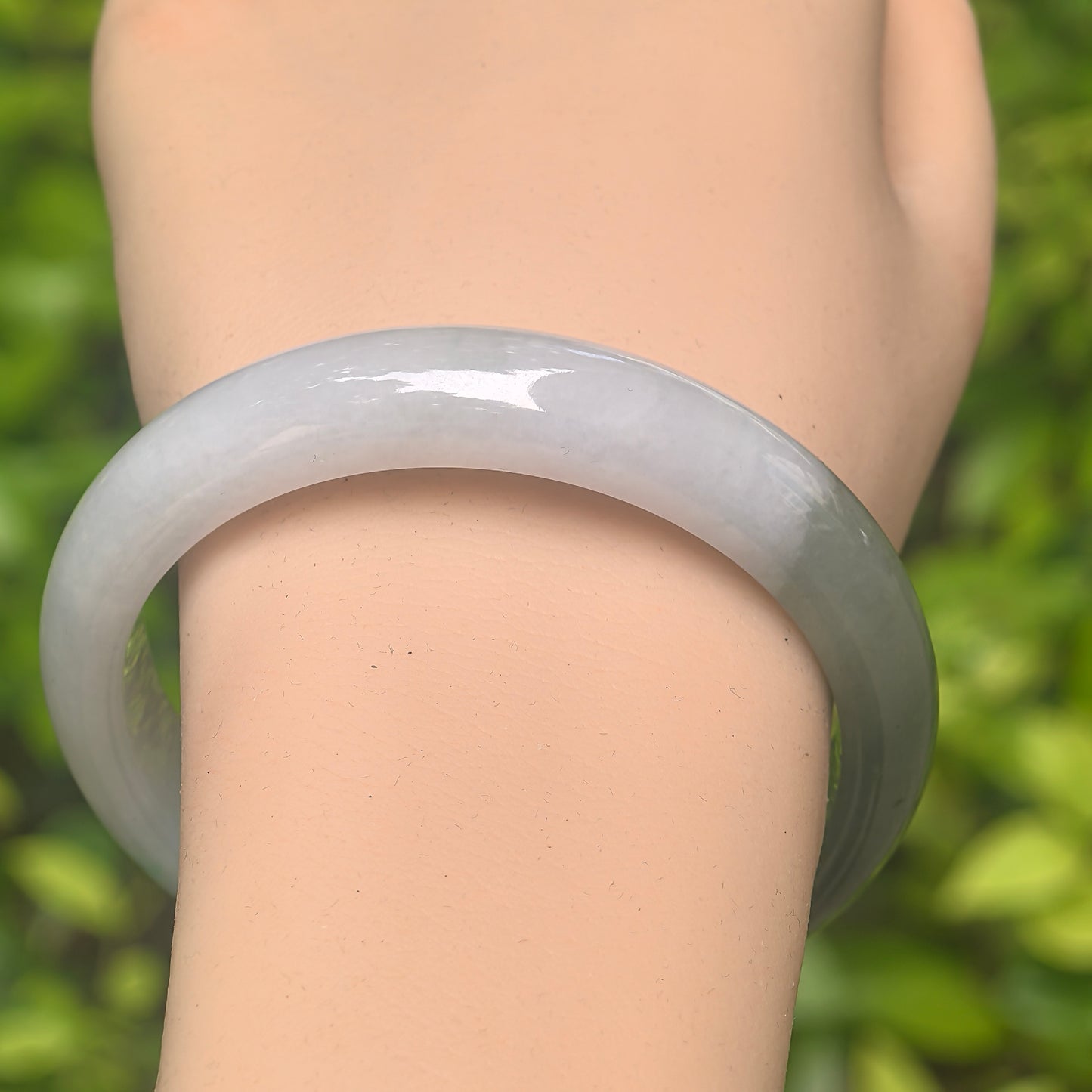 Natural Grade-A Glutinous White Base Dark Green D-Shape Jadeite Bangle · Burmese Jade 56mm