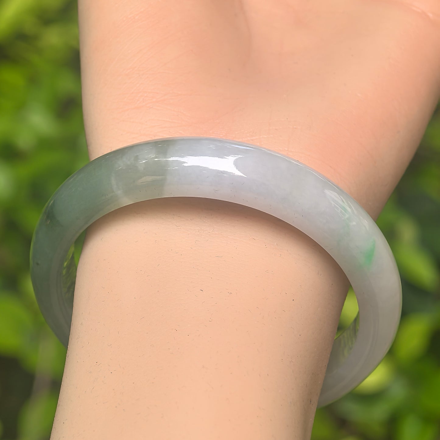 Natural Grade-A Glutinous White Base Dark Green D-Shape Jadeite Bangle · Burmese Jade 56mm