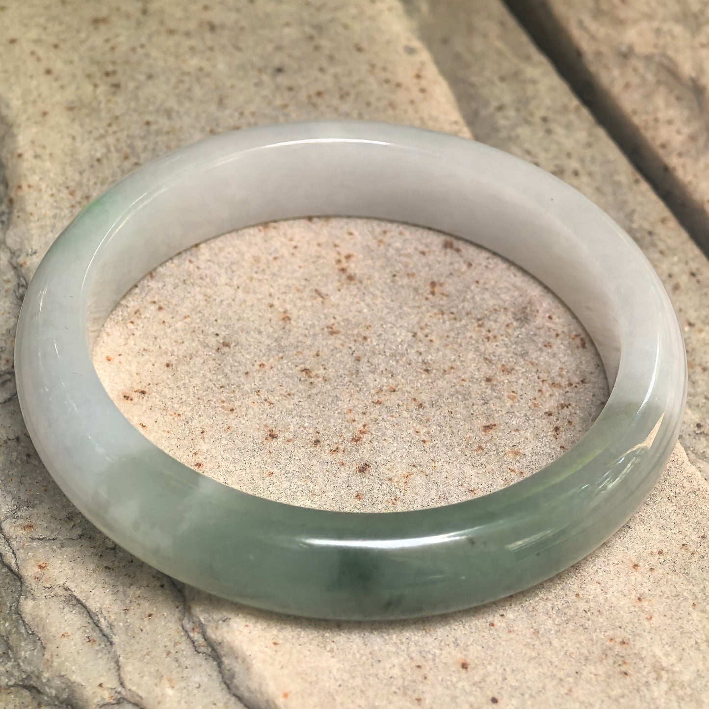 Natural Grade-A Glutinous White Base Dark Green D-Shape Jadeite Bangle · Burmese Jade 56mm