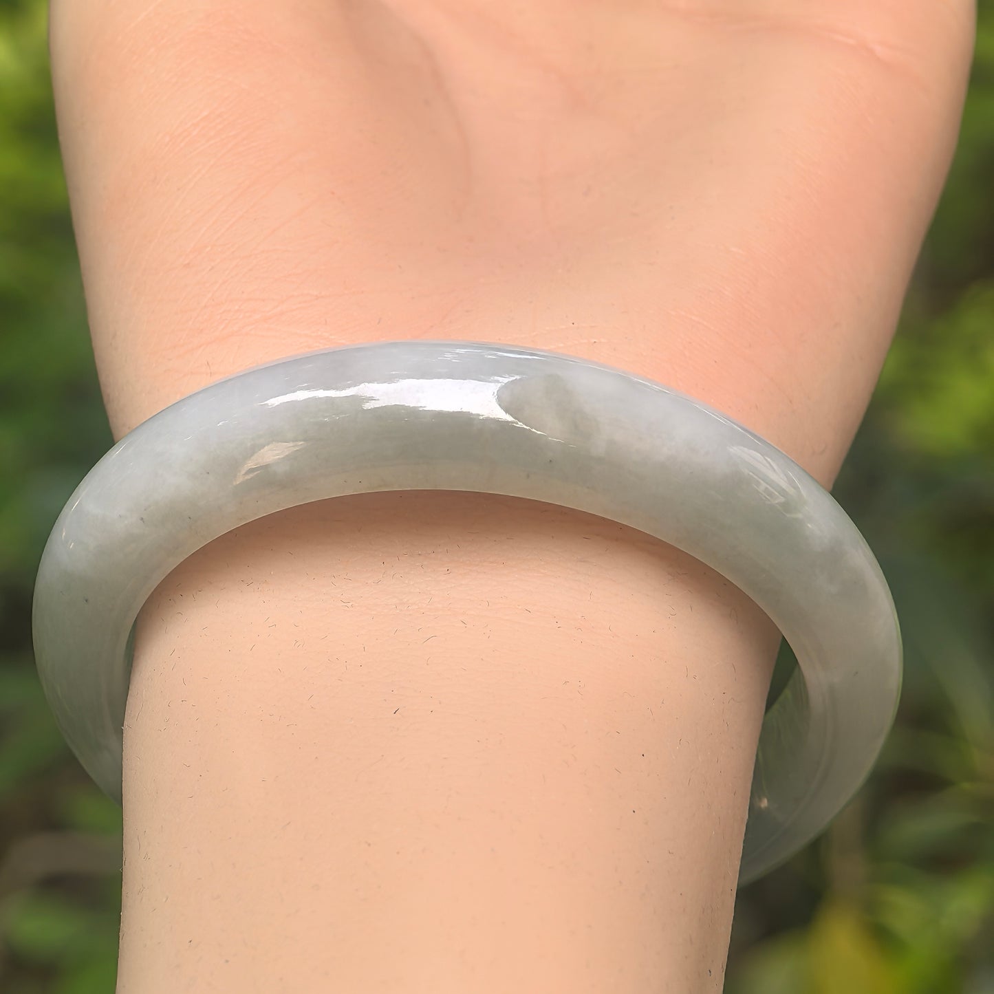 Natural Grade-A Glutinous White and Light Green Oval Jadeite Bangle · Burmese Jade 51mm