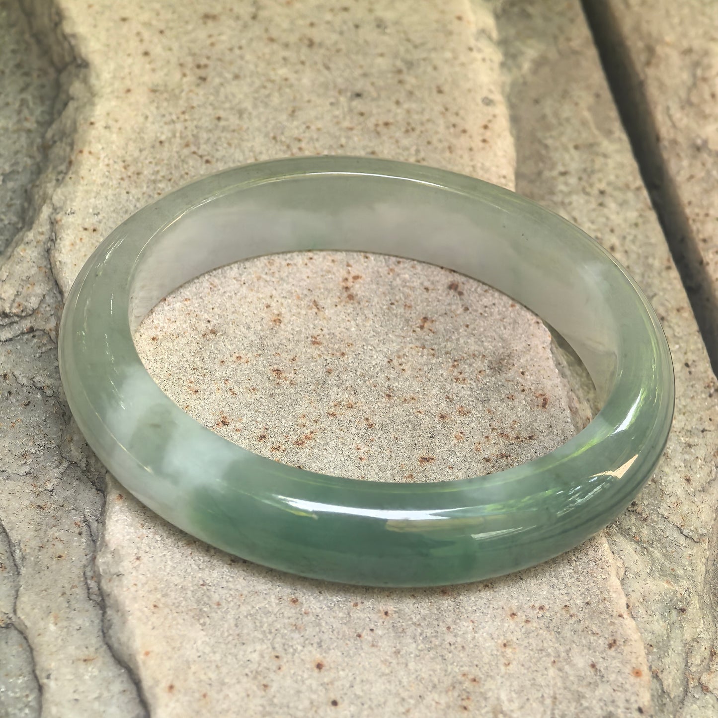 Natural Grade-A Glutinous White and Light Green Oval Jadeite Bangle · Burmese Jade 51mm