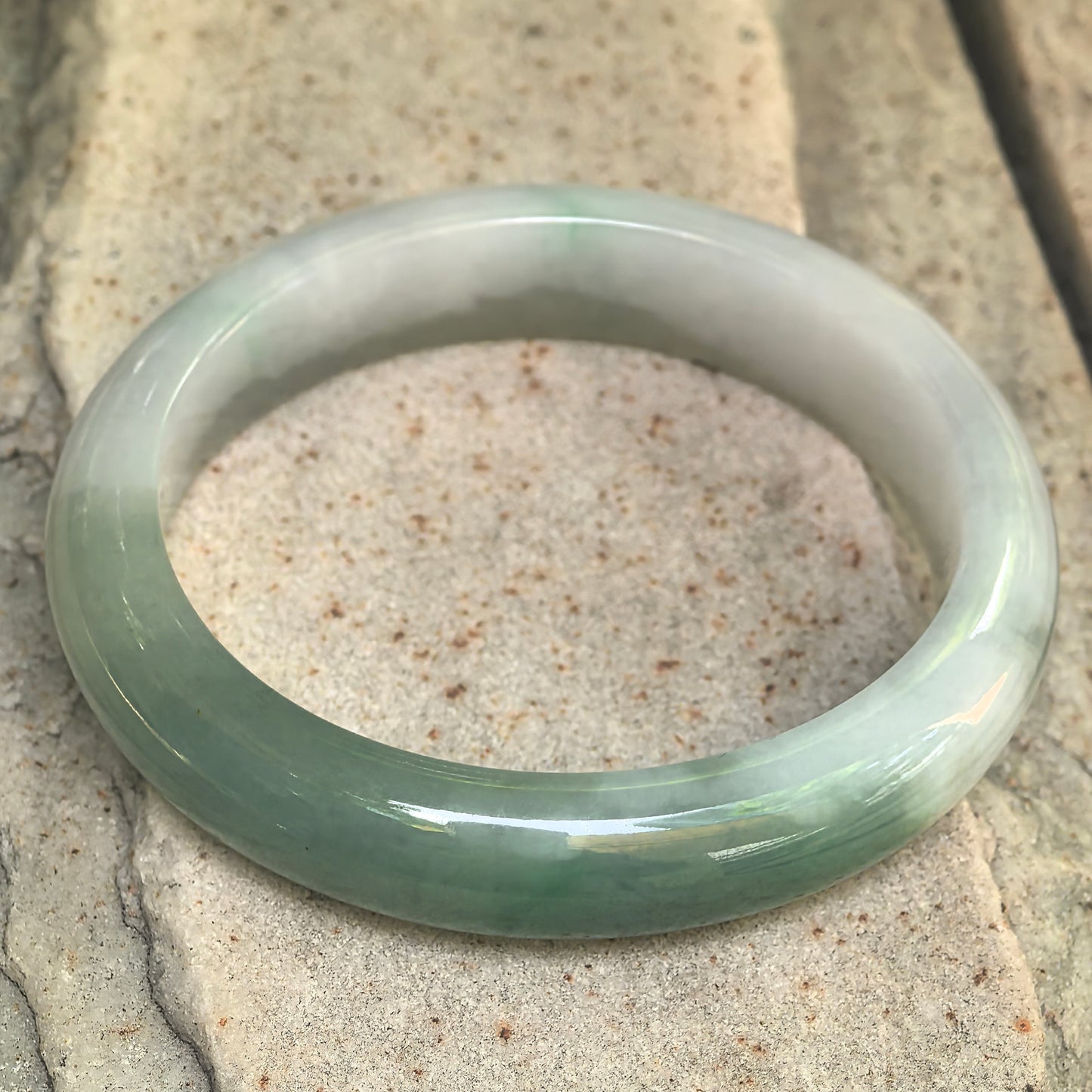 Natural Grade-A Glutinous White and Light Green Oval Jadeite Bangle · Burmese Jade 51mm