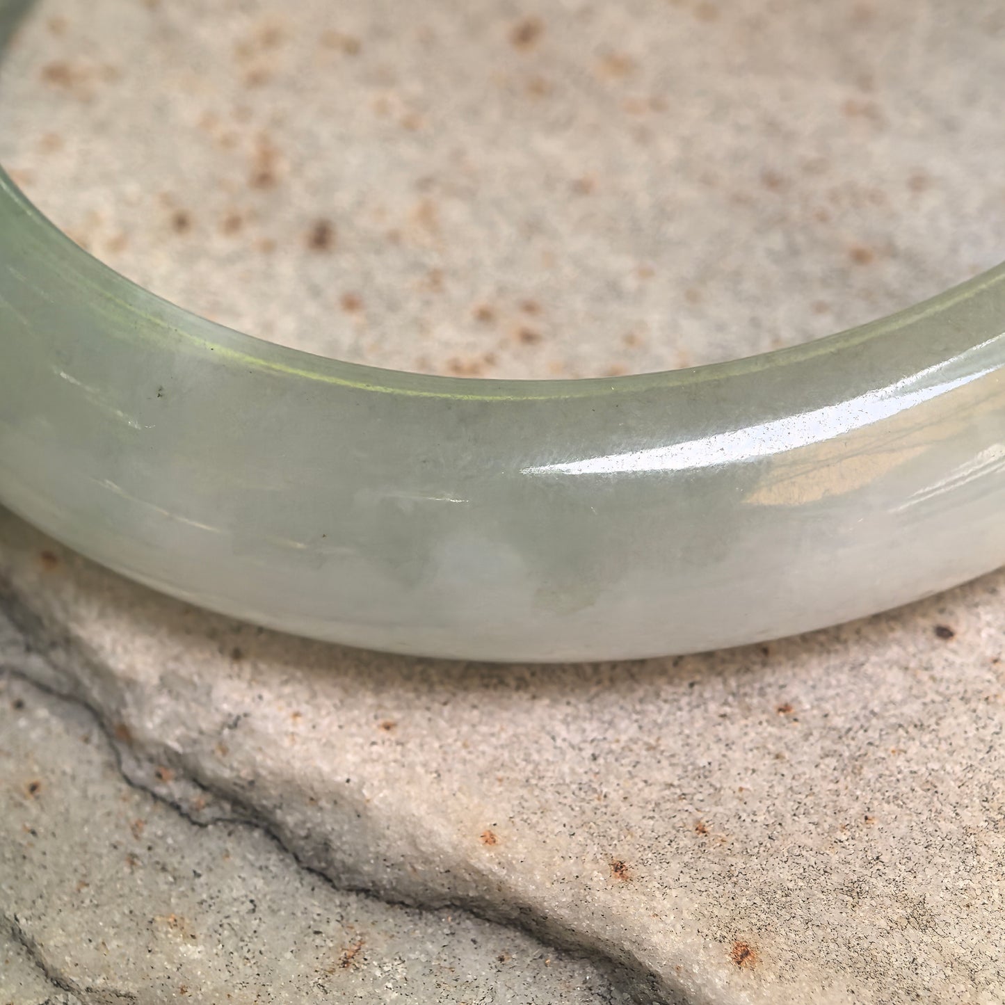 Natural Grade-A Glutinous White and Light Green Oval Jadeite Bangle · Burmese Jade 51mm