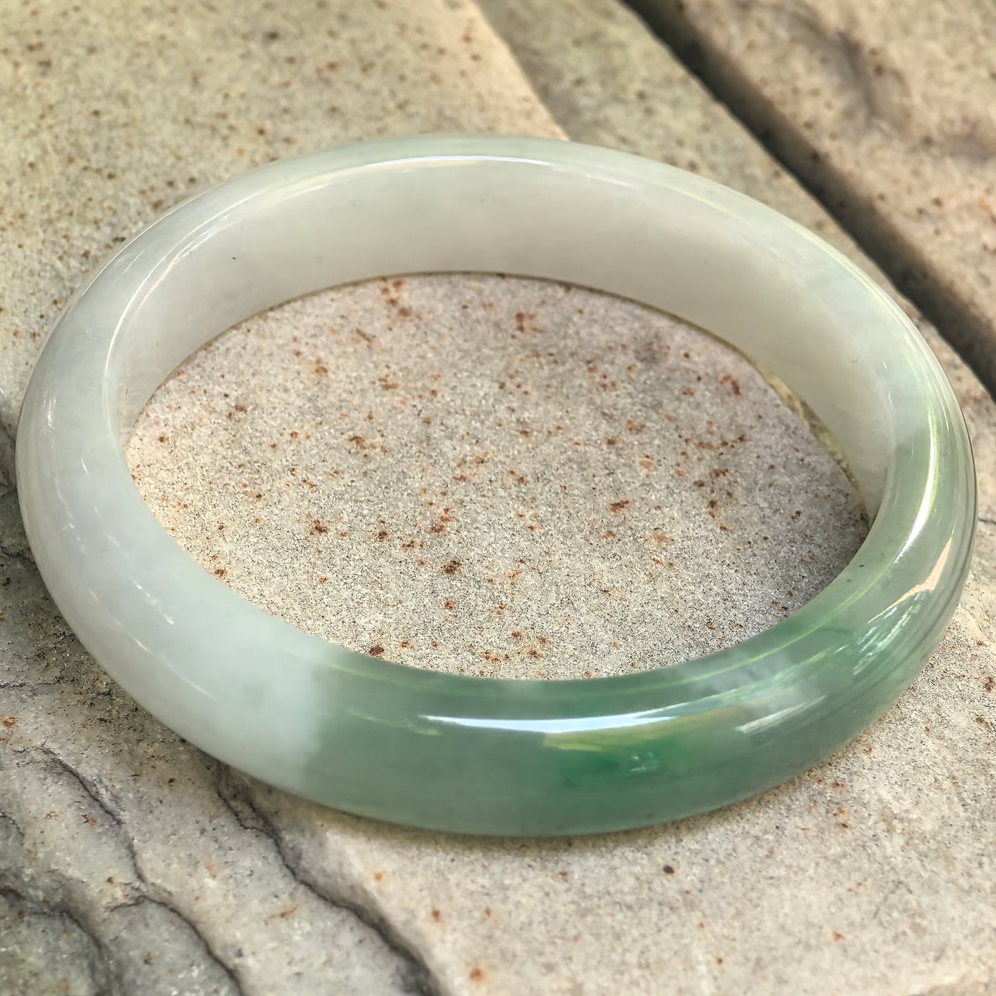 Natural Grade-A Fine Glutinous White-and-Green D-Shape Jadeite Bangle · Burmese Jade 57mm