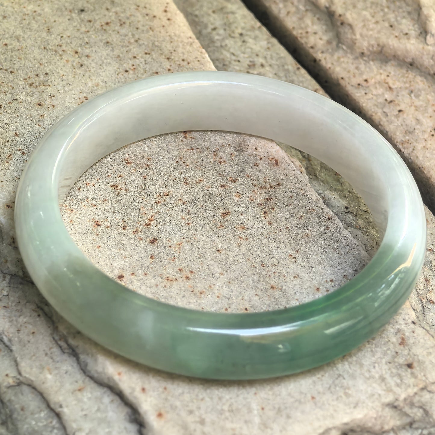 Natural Grade-A Fine Glutinous White-and-Green D-Shape Jadeite Bangle · Burmese Jade 57mm