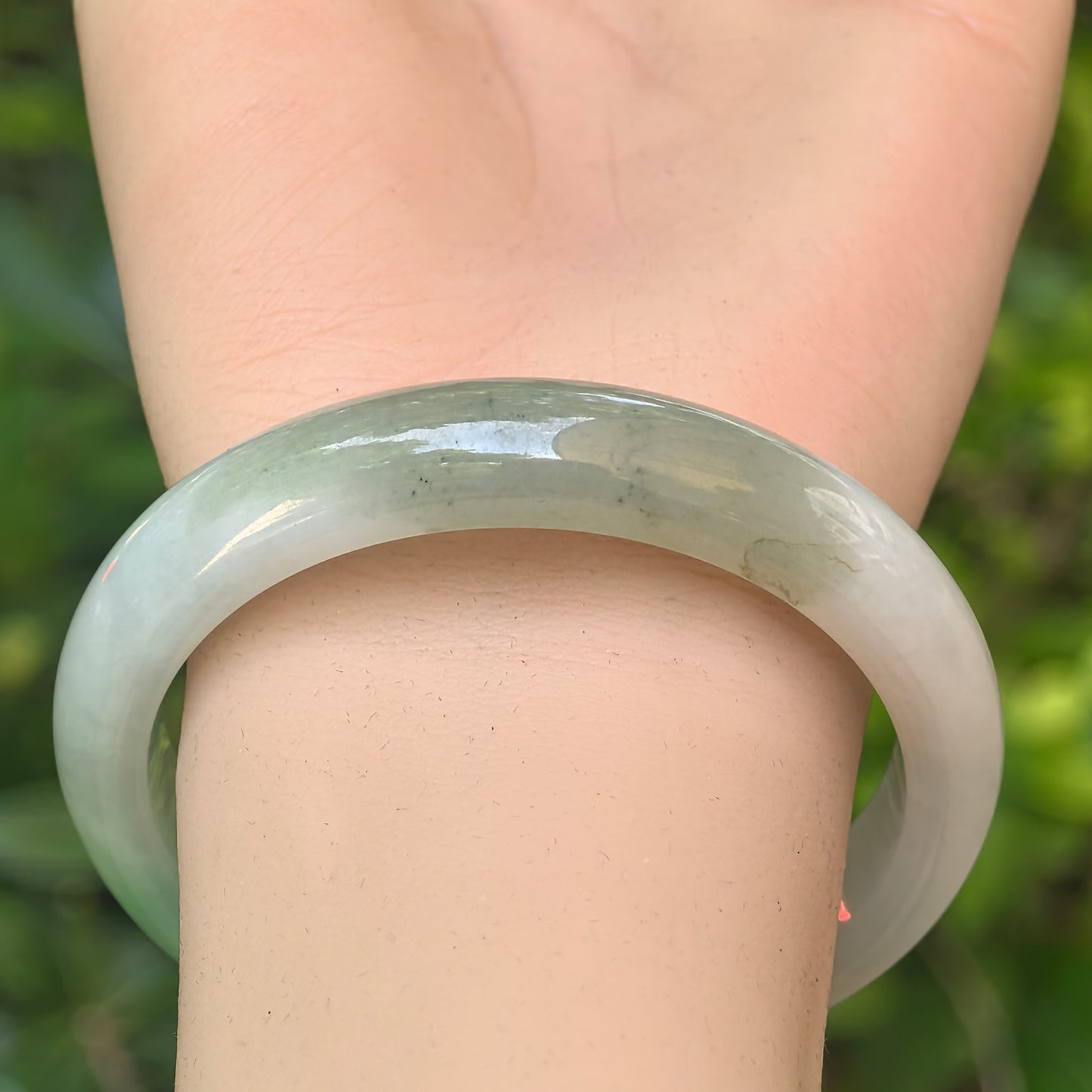 Natural Grade-A Glutinous White-Based Green D-Shape Jadeite Bangle · Burmese Jade 56mm