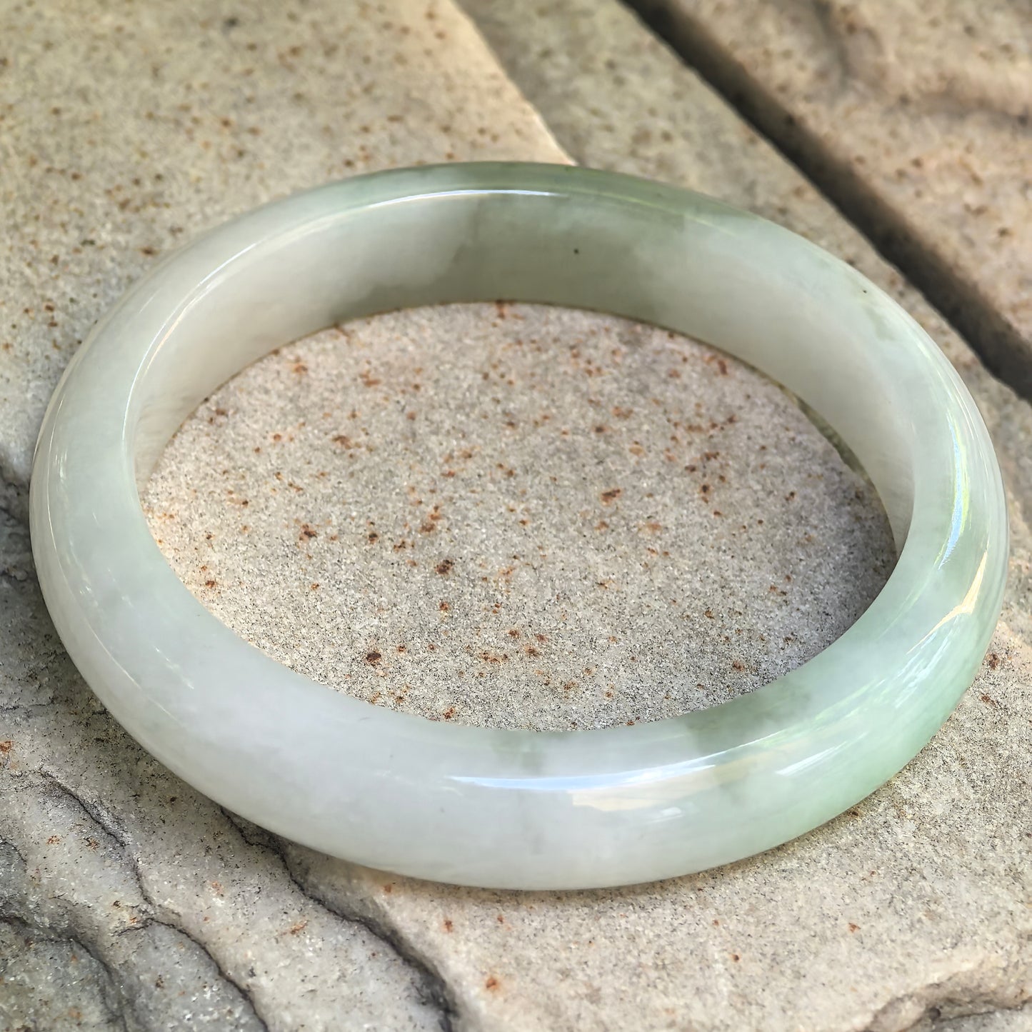 Natural Grade-A Glutinous White-Based Green D-Shape Jadeite Bangle · Burmese Jade 56mm
