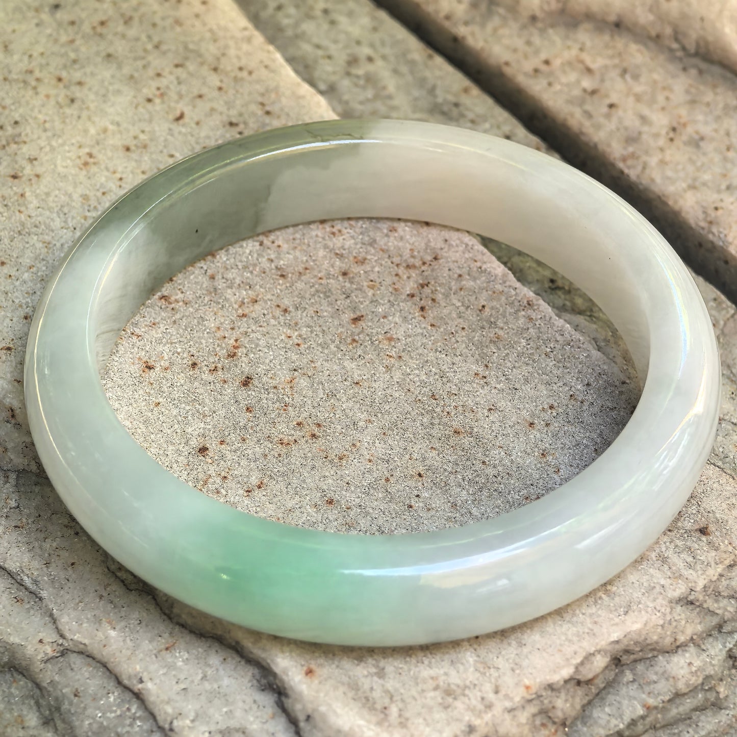 Natural Grade-A Glutinous White-Based Green D-Shape Jadeite Bangle · Burmese Jade 56mm