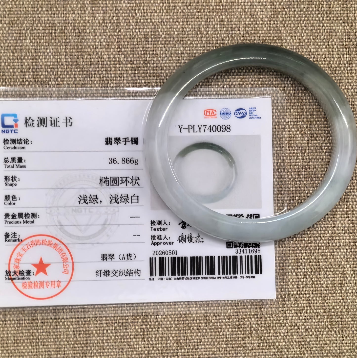 NGTC certified natural Grade-A glutinous white and dark green oval jadeite bangle shown with matching certificate.