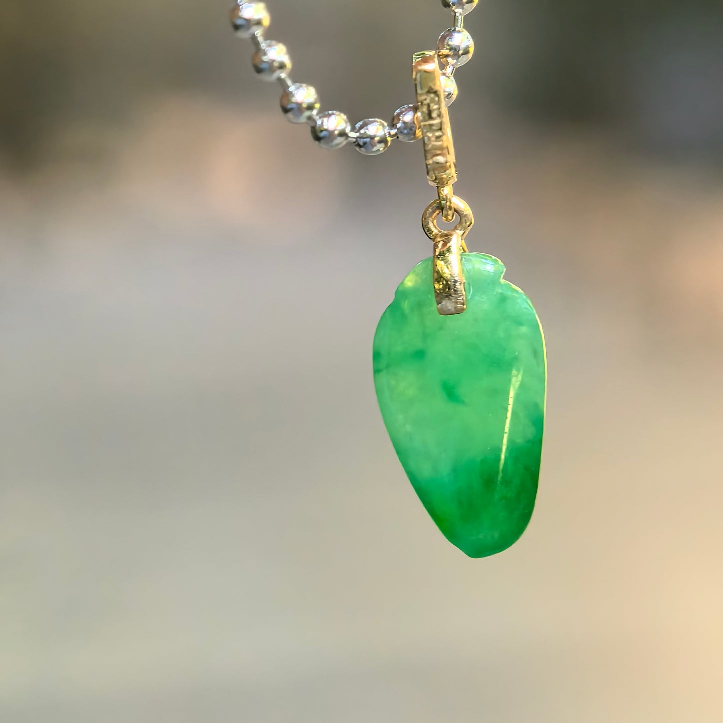 Natural Grade-A Icy Glutinous Vivid Green 18K Gold Bamboo Leaf Jadeite Pendant · Burmese Jade