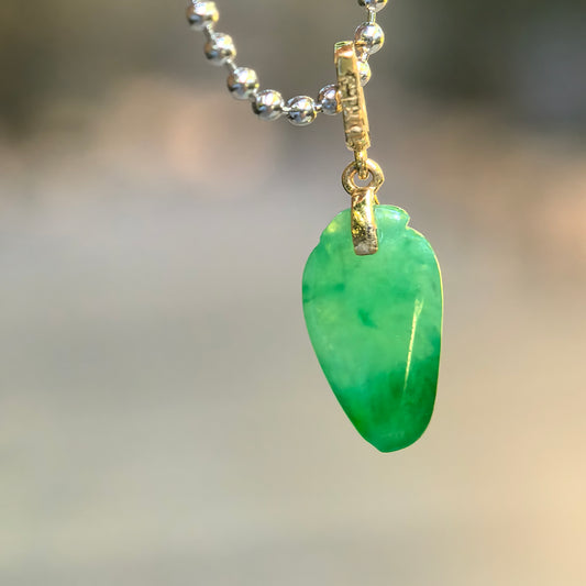 Natural Grade-A Icy Glutinous Vivid Green 18K Gold Bamboo Leaf Jadeite Pendant · Burmese Jade