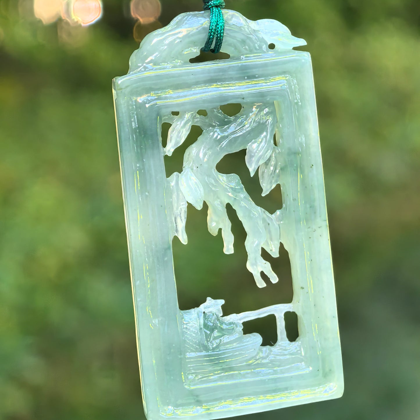Natural Grade-A Icy Glutinous Pale Green Solitary Fishing Plaque Jadeite Pendant · Burmese Jade
