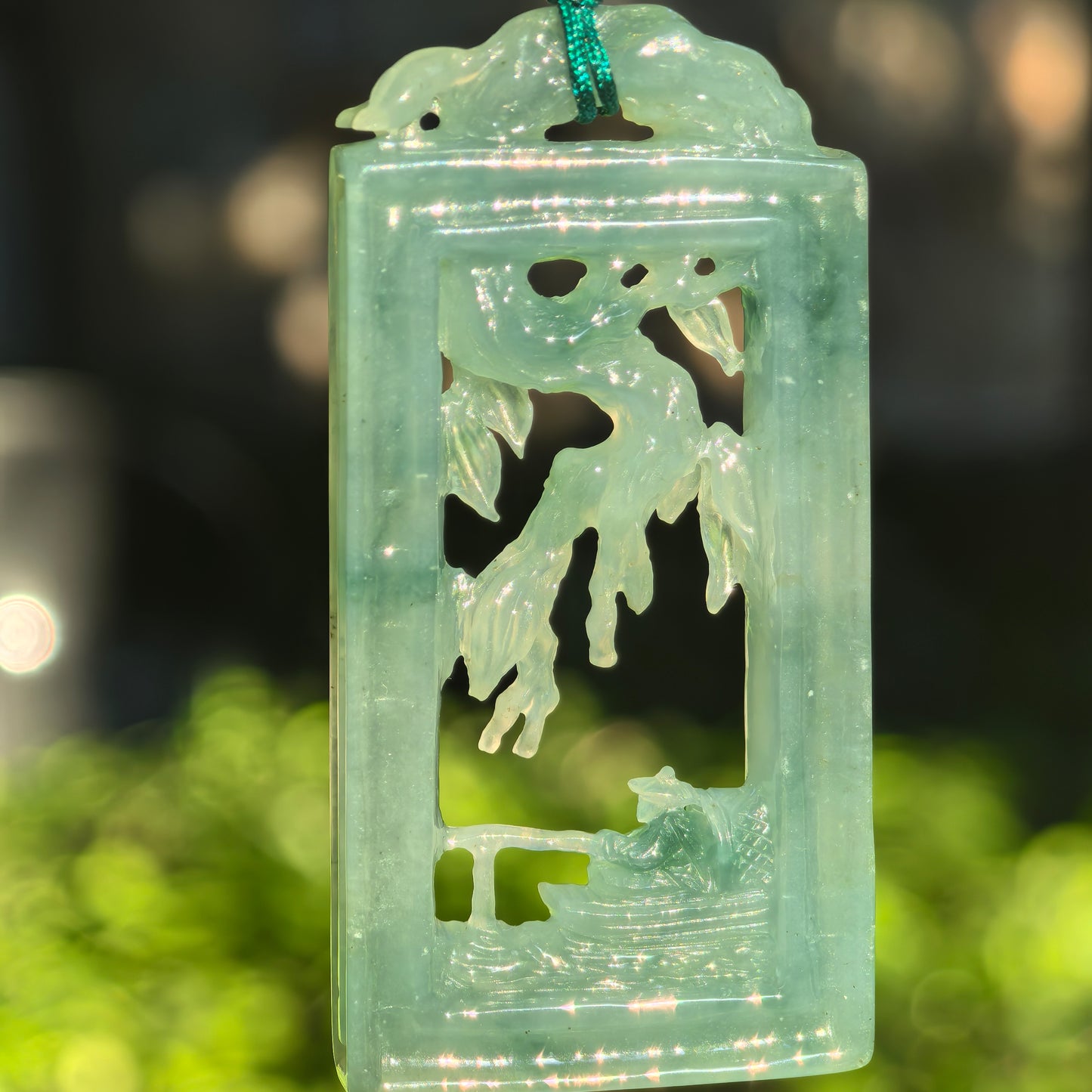 Natural Grade-A Icy Glutinous Pale Green Solitary Fishing Plaque Jadeite Pendant · Burmese Jade
