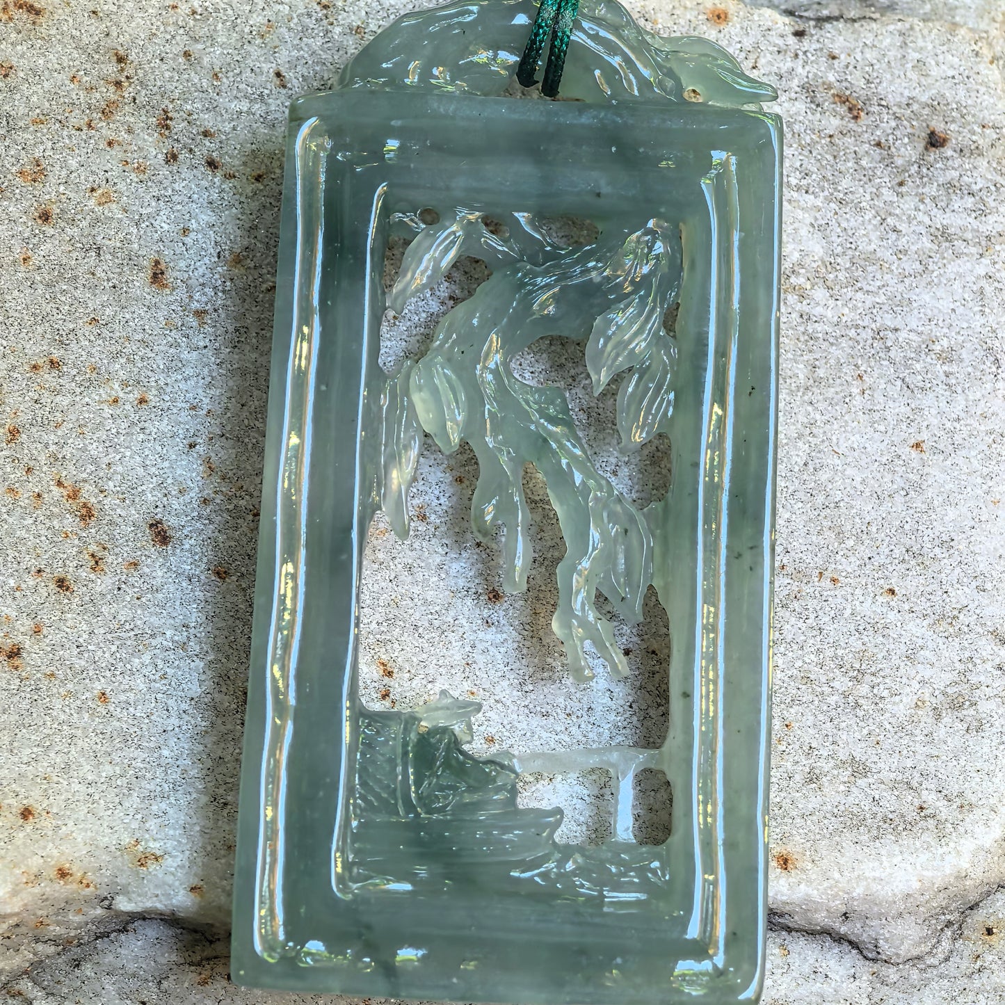 Natural Grade-A Icy Glutinous Pale Green Solitary Fishing Plaque Jadeite Pendant · Burmese Jade