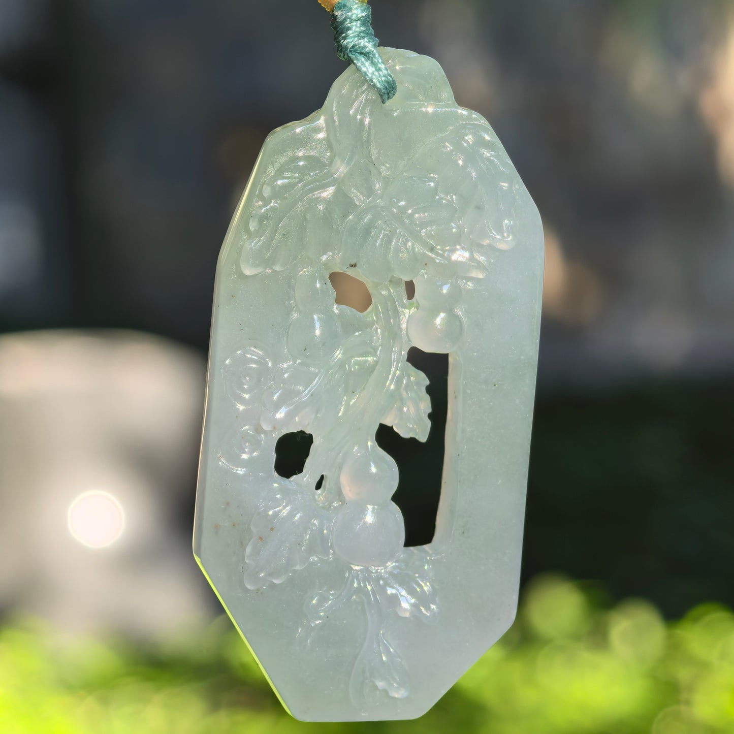 Natural Grade-A Icy Glutinous Pale Green Openwork Gourd Vine Jadeite Pendant · Burmese Jade
