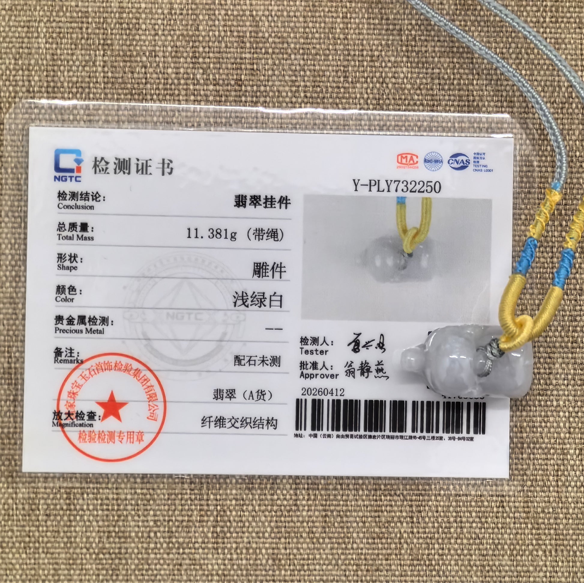 NGTC certified glutinous white elephant jadeite pendant shown with matching certificate.