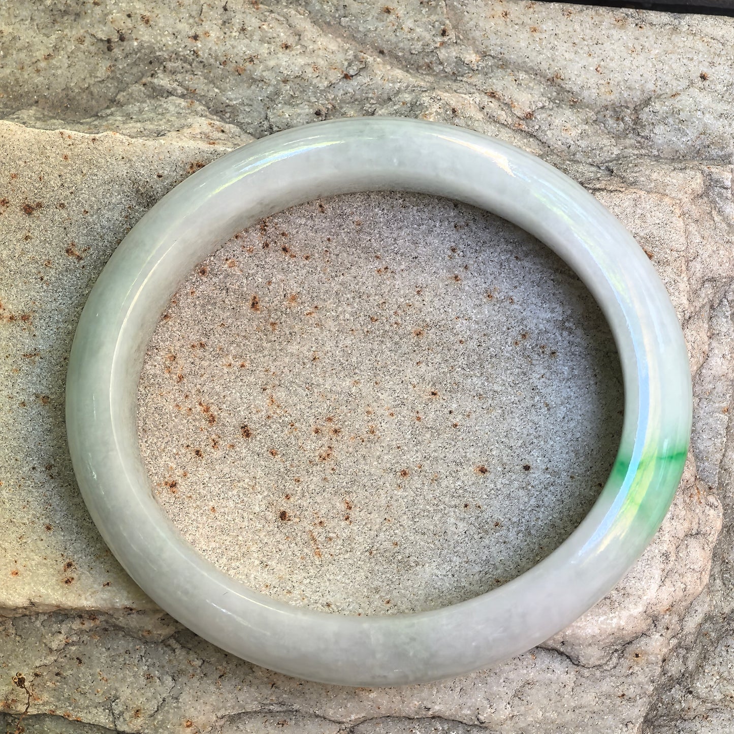 Natural Grade-A Glutinous White and Green Oval Jadeite Bangle · Burmese Jade 52mm