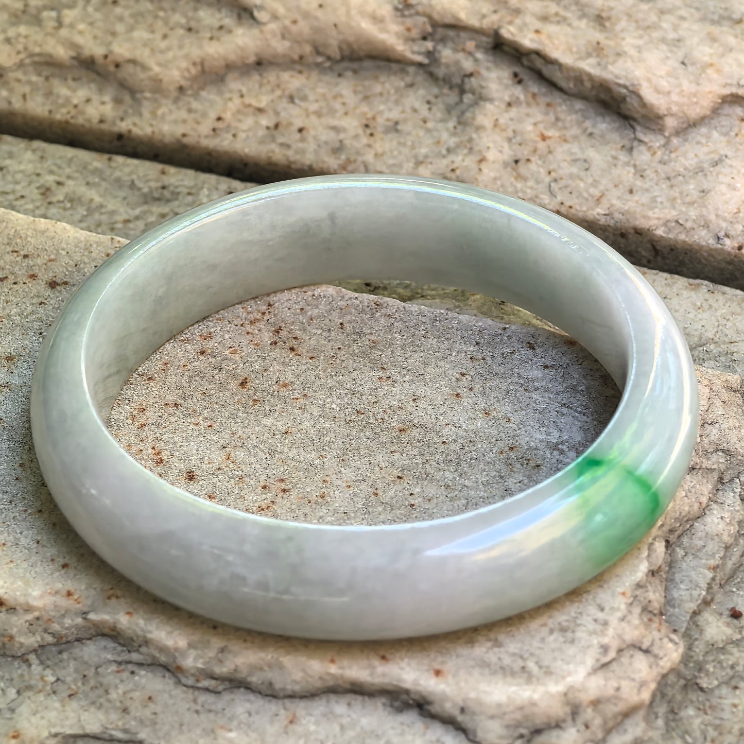 Natural Grade-A Glutinous White and Green Oval Jadeite Bangle · Burmese Jade 52mm