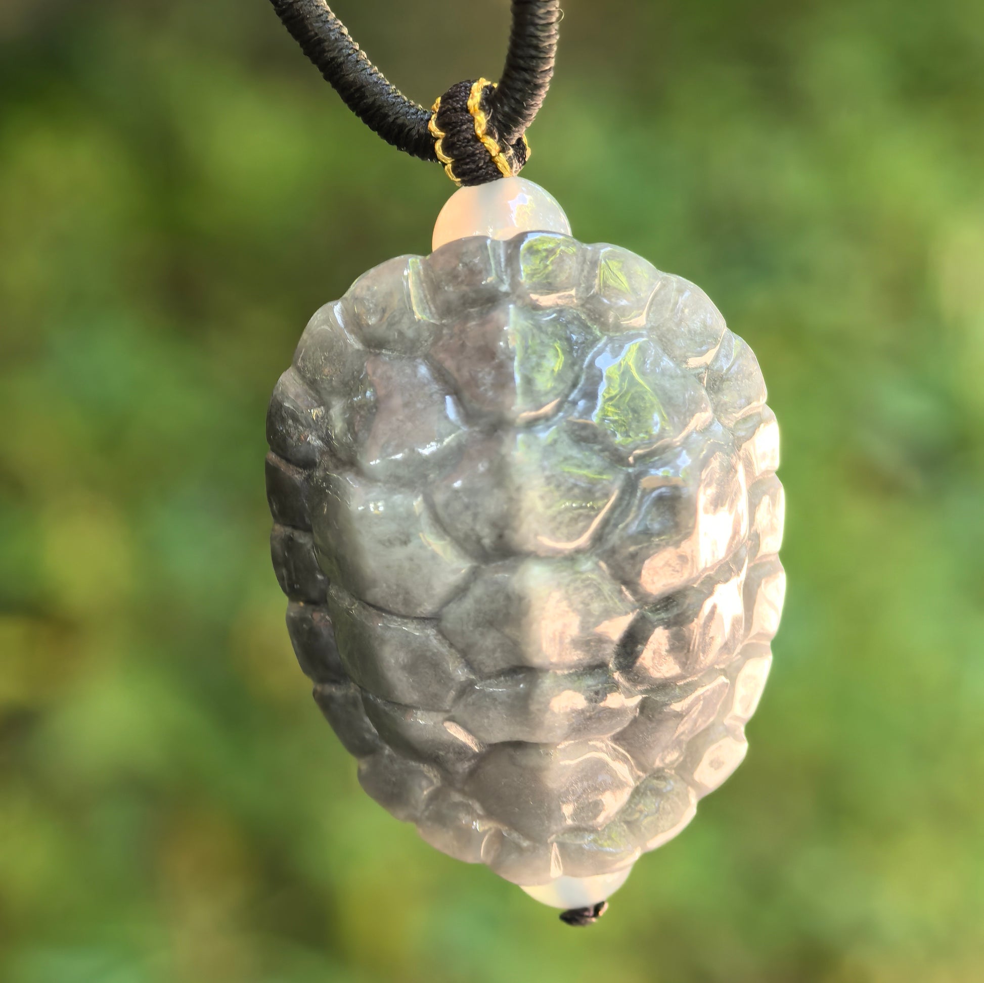 Natural Grade-A glutinous gray-black turtle shell jadeite pendant hanging on black cord with raised shell carving.

