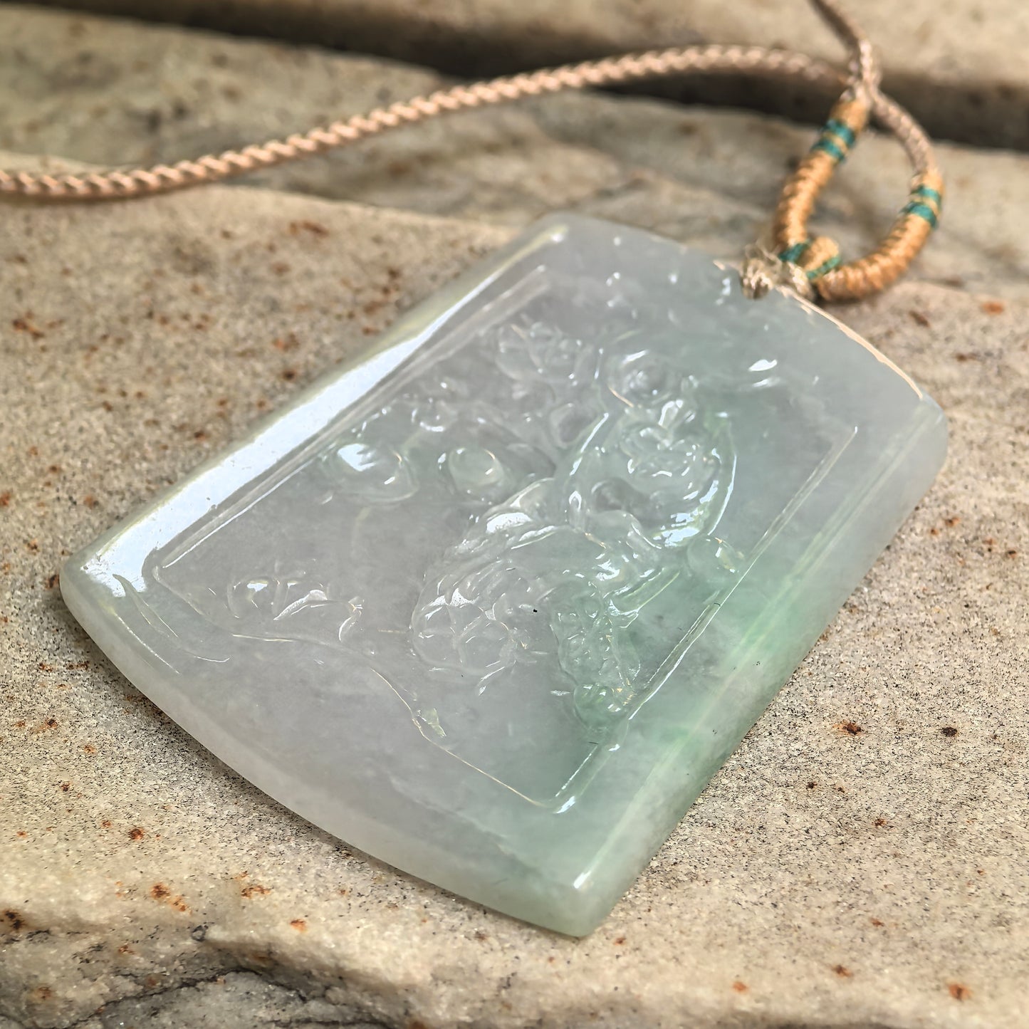 Natural Grade-A Glutinous White-Green Floral Carved Jadeite Pendant · Burmese Jade