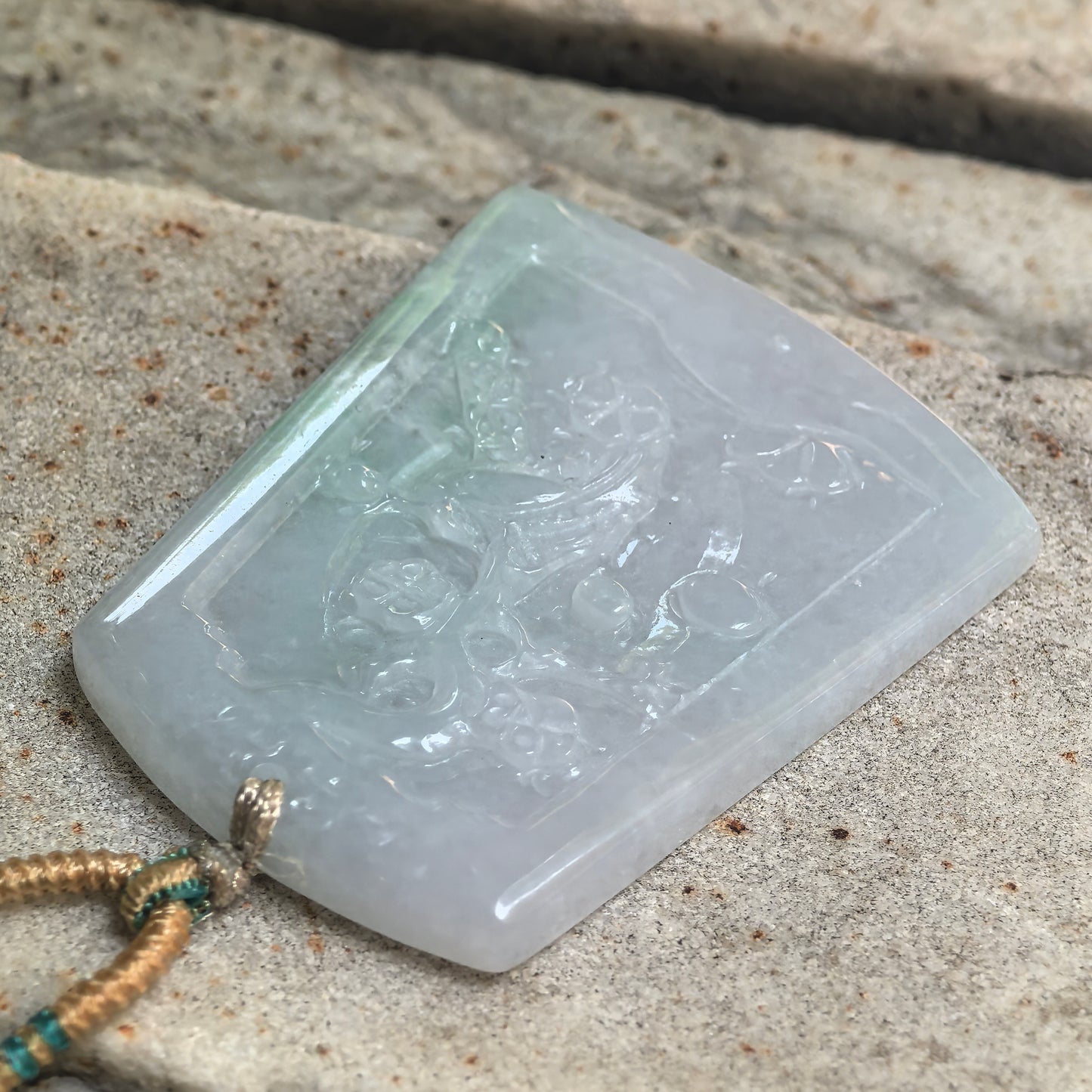Natural Grade-A Glutinous White-Green Floral Carved Jadeite Pendant · Burmese Jade