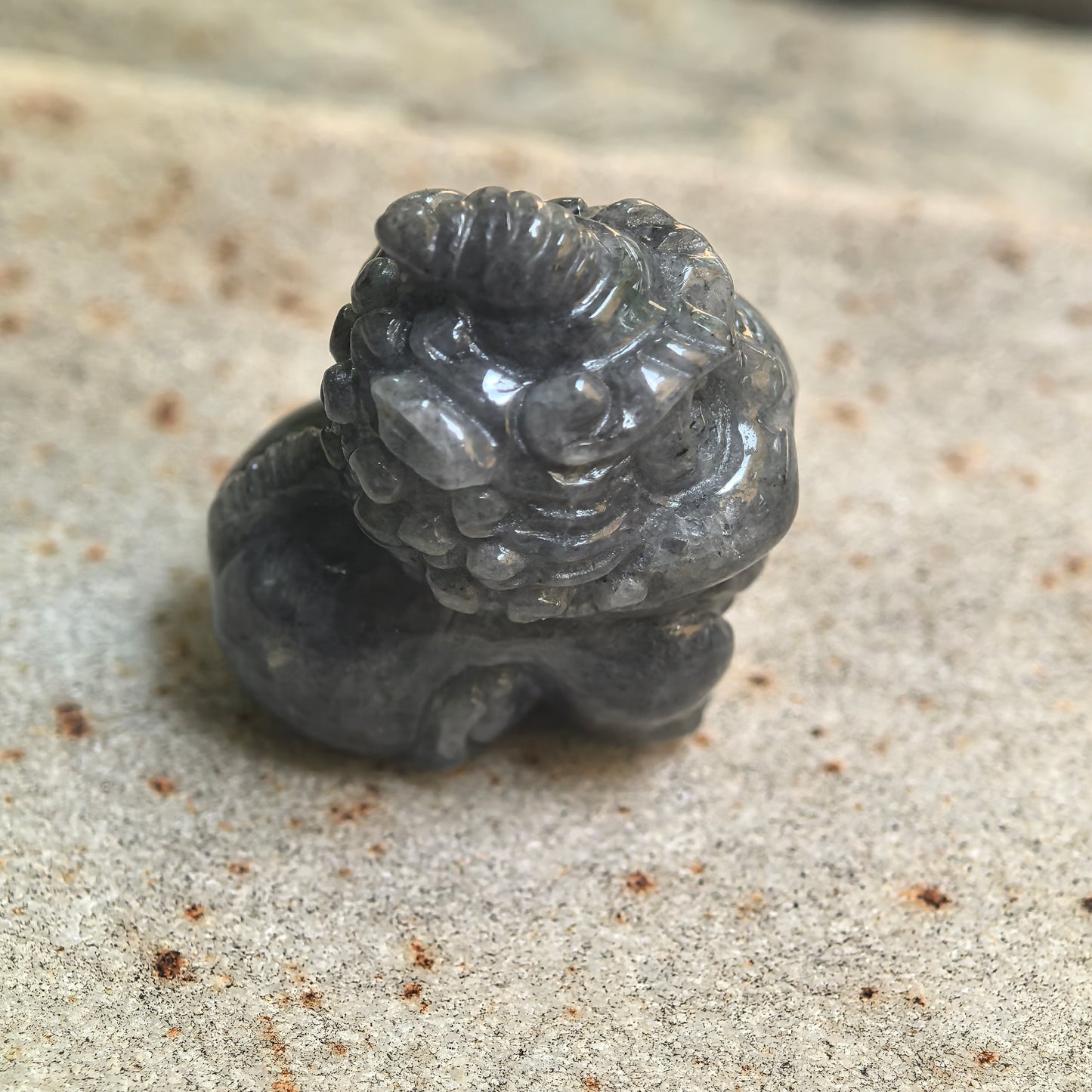 Natural Grade-A Glutinous Black-Gray Cute Pixiu Jadeite Ornament · Burmese Jade