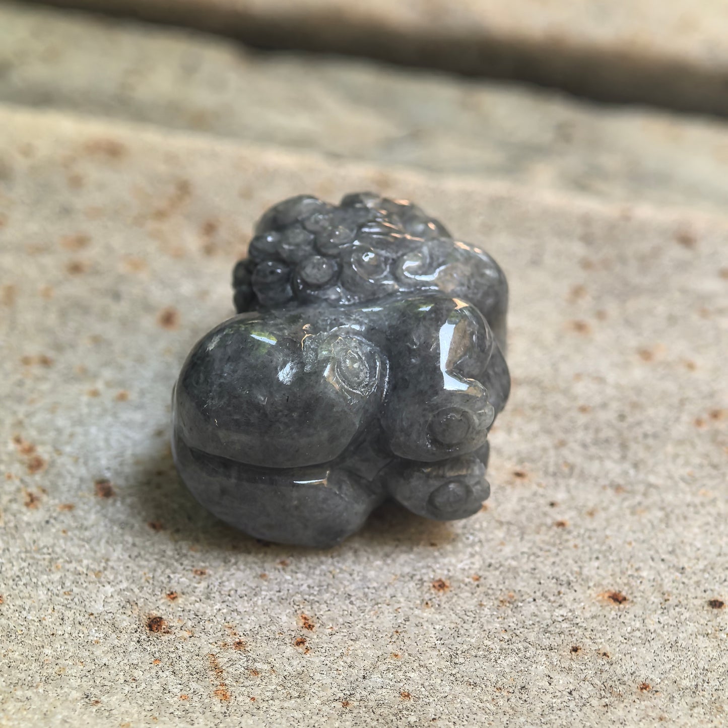 Natural Grade-A Glutinous Black-Gray Cute Pixiu Jadeite Ornament · Burmese Jade