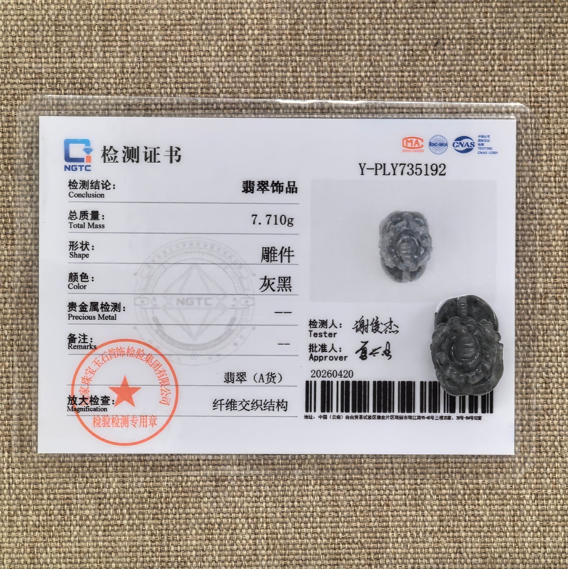NGTC certified glutinous black-gray Pixiu jadeite ornament shown with matching certificate.