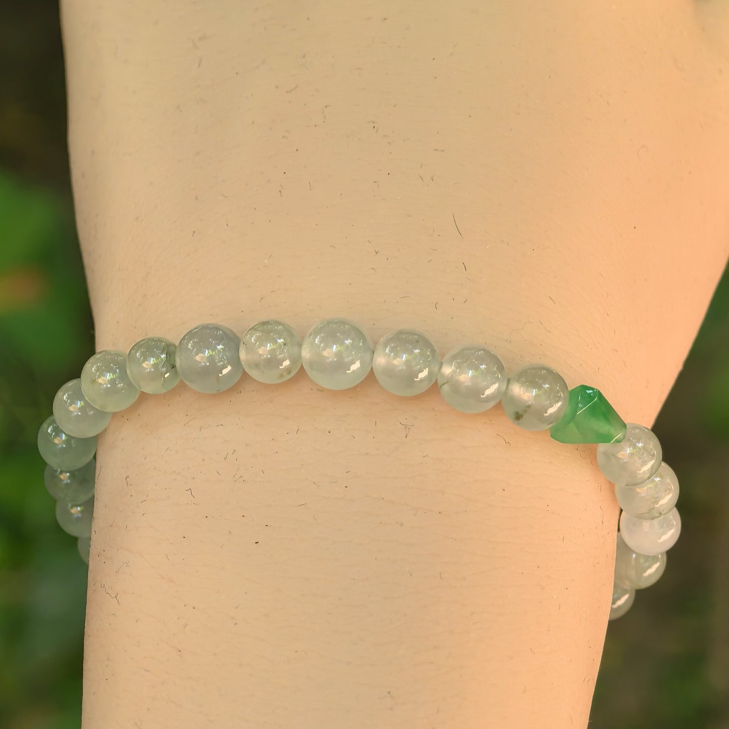 Natural Grade-A Icy White-Green Jadeite Bead Bracelet · Burmese Jade 6mm