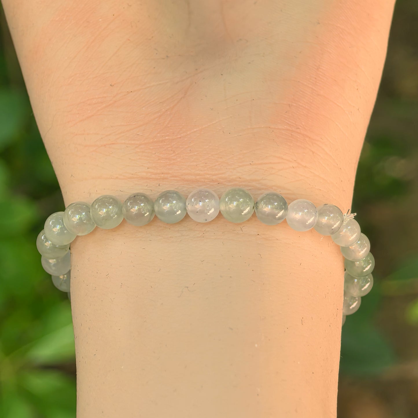 Natural Grade-A Icy White-Green Jadeite Bead Bracelet · Burmese Jade 6mm