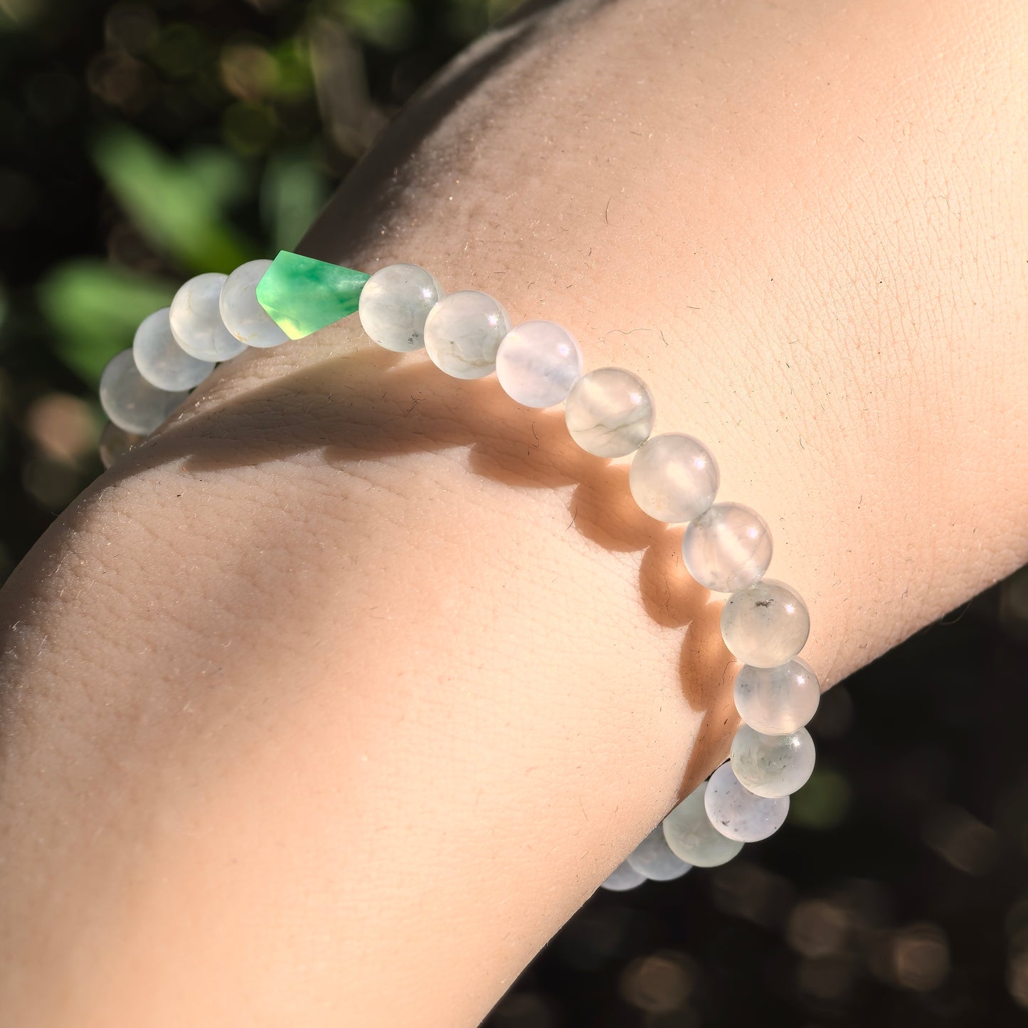 Natural Grade-A Icy White-Green Jadeite Bead Bracelet · Burmese Jade 6mm