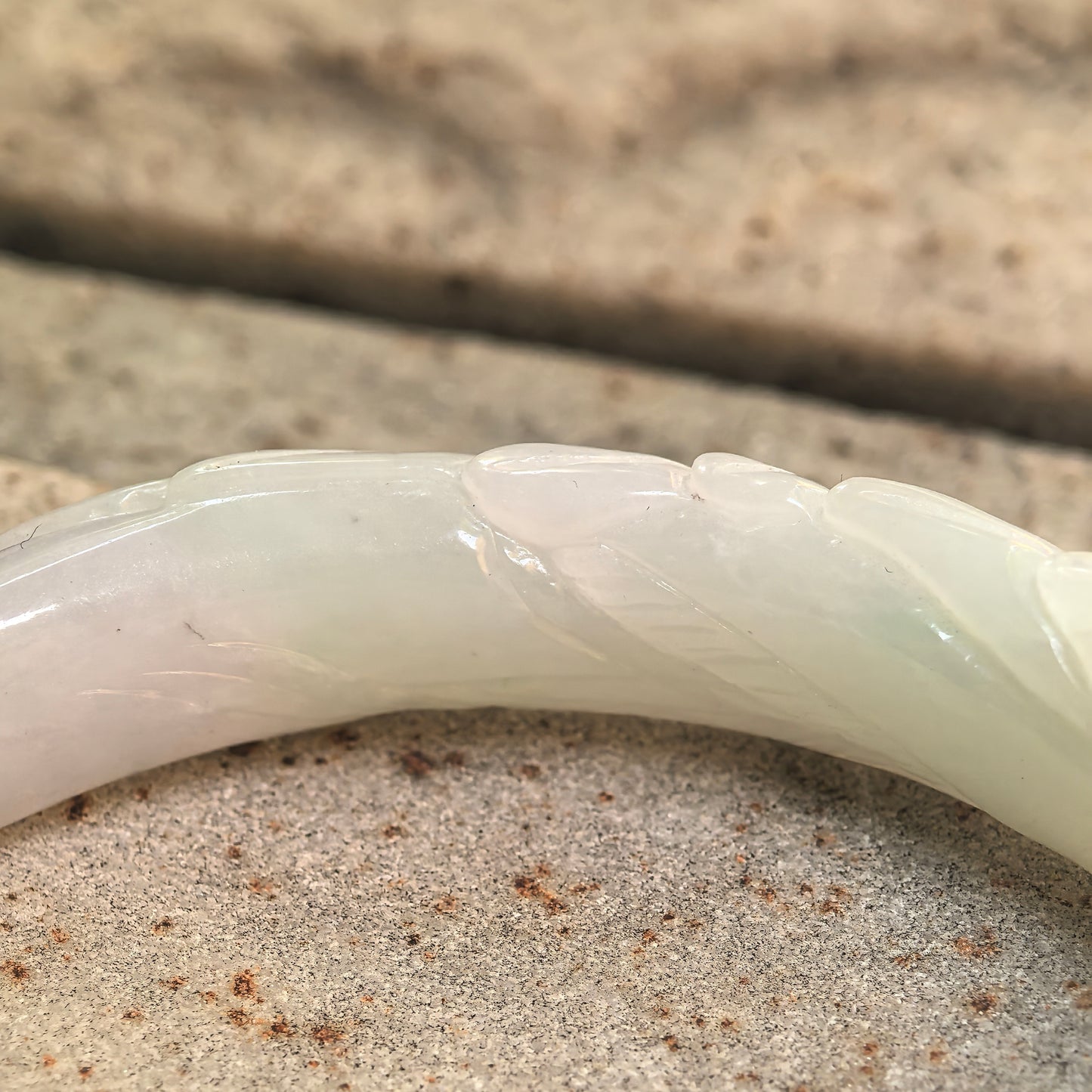 Natural Grade-A Glutinous White-and-Green Floral Oval Jadeite Bangle · Burmese Jade 53mm