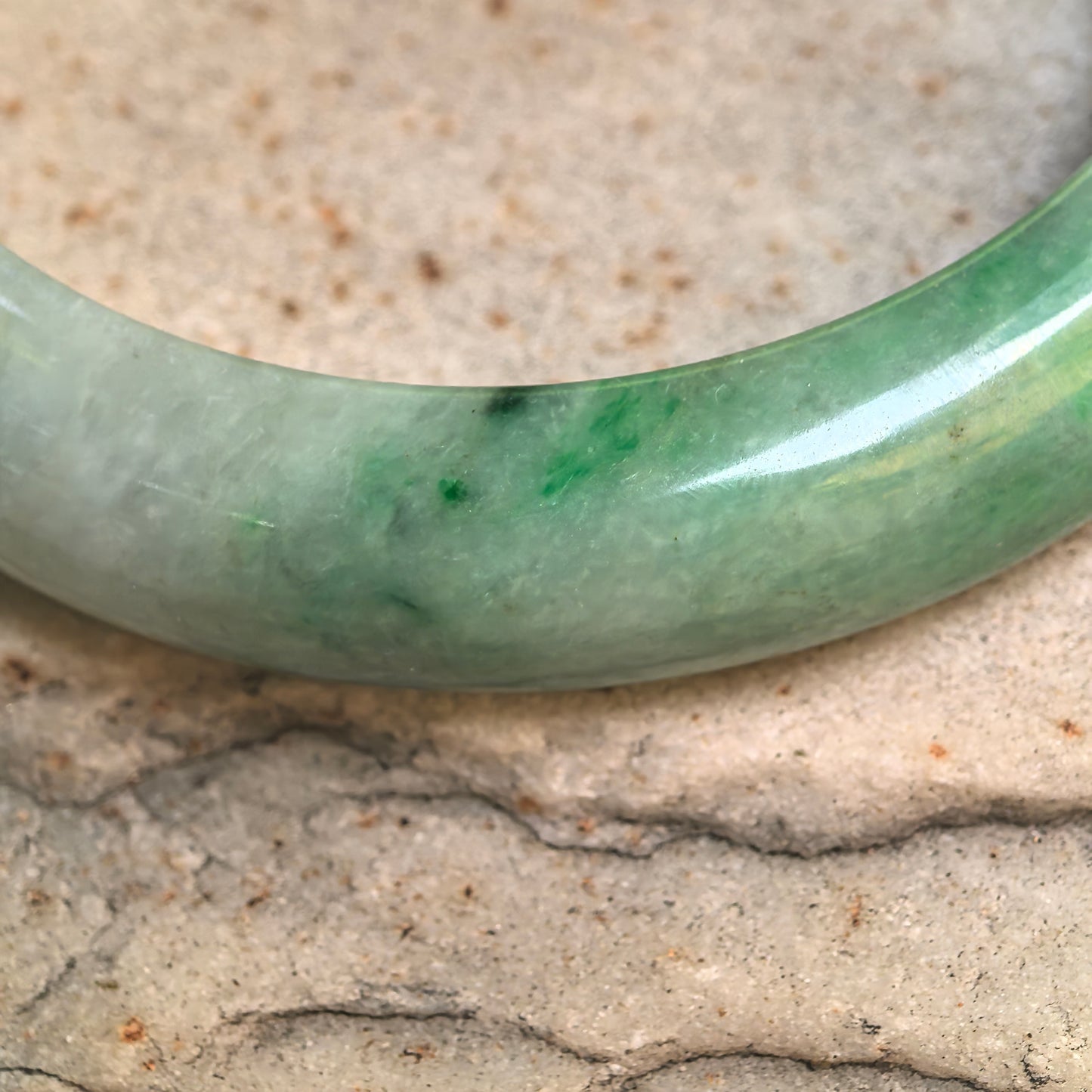 Natural Grade-A Jadeite White-Green D-Shape Bangle · Burmese Jade 58mm