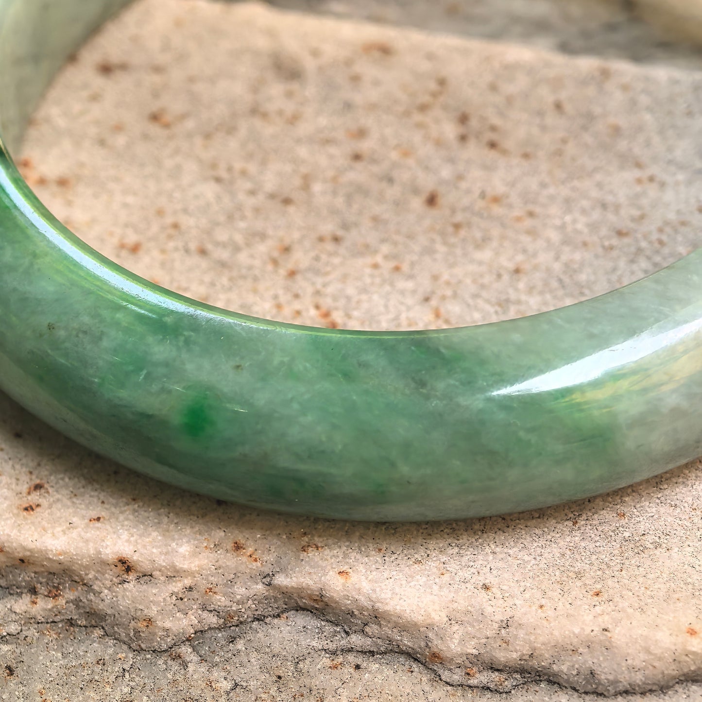 Natural Grade-A Jadeite White-Green D-Shape Bangle · Burmese Jade 58mm