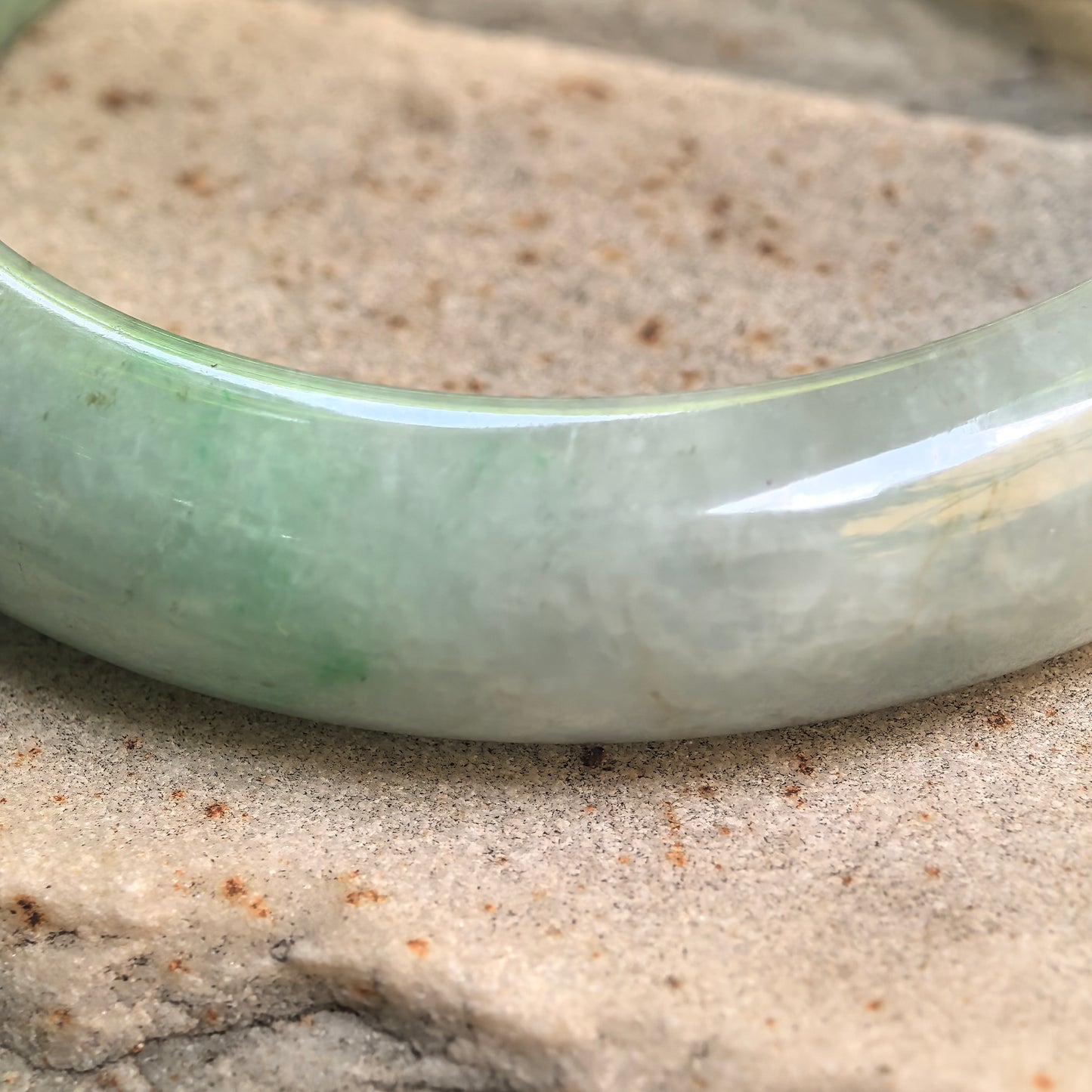 Natural Grade-A Jadeite White-Green D-Shape Bangle · Burmese Jade 58mm