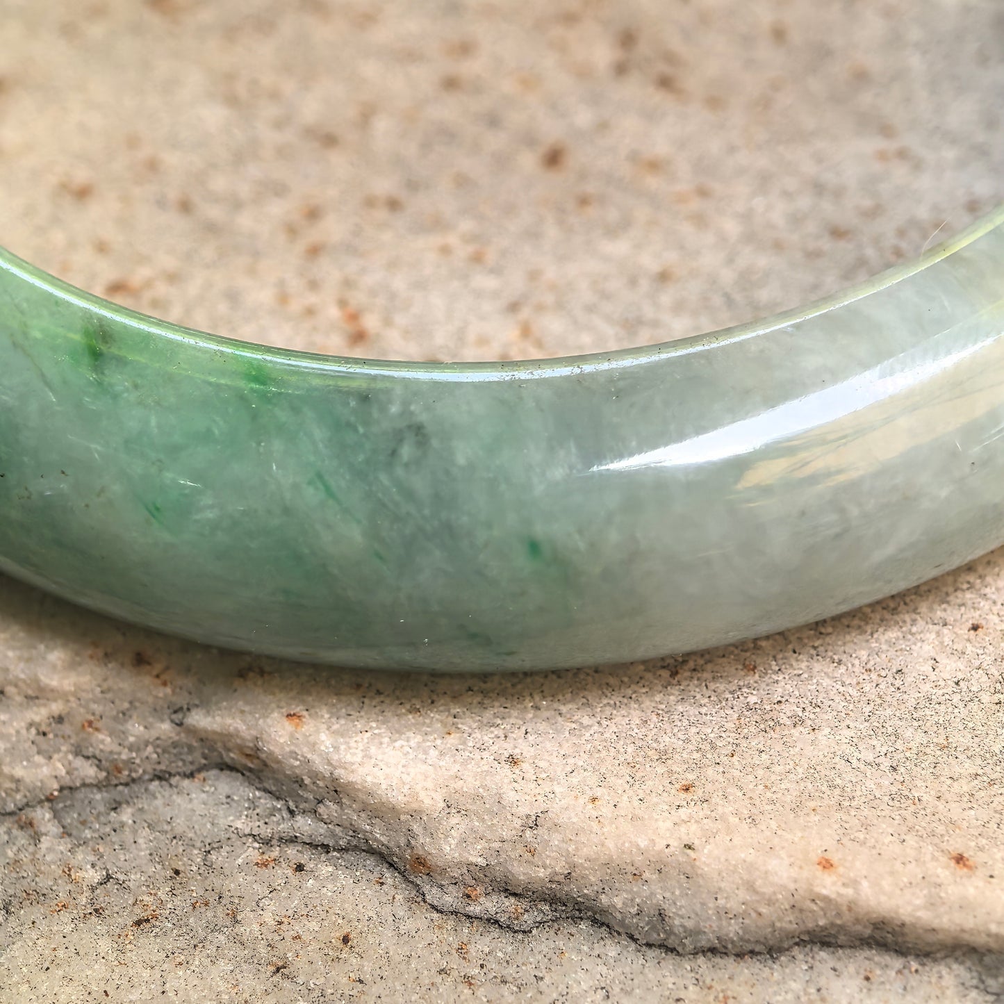 Natural Grade-A Jadeite White-Green D-Shape Bangle · Burmese Jade 58mm