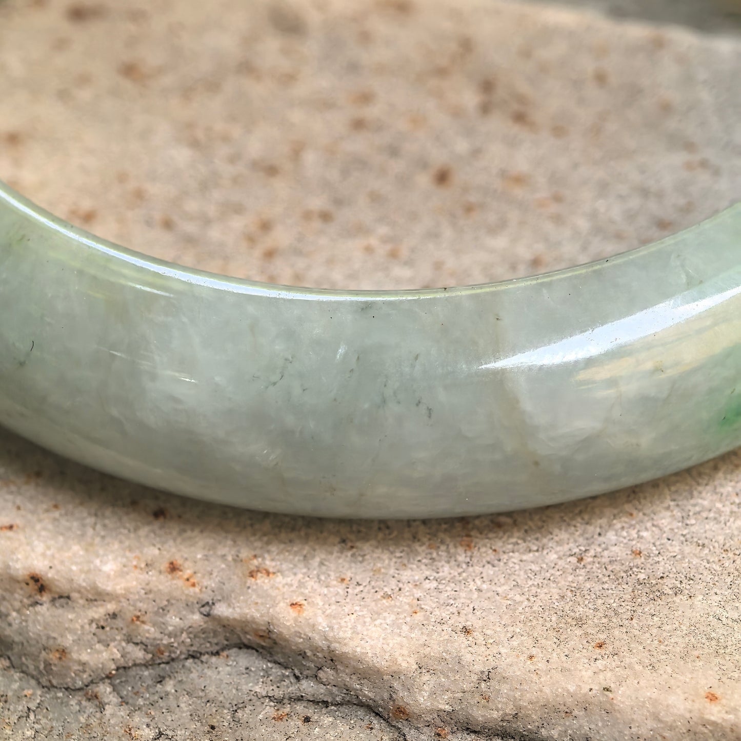 Natural Grade-A Jadeite White-Green D-Shape Bangle · Burmese Jade 58mm