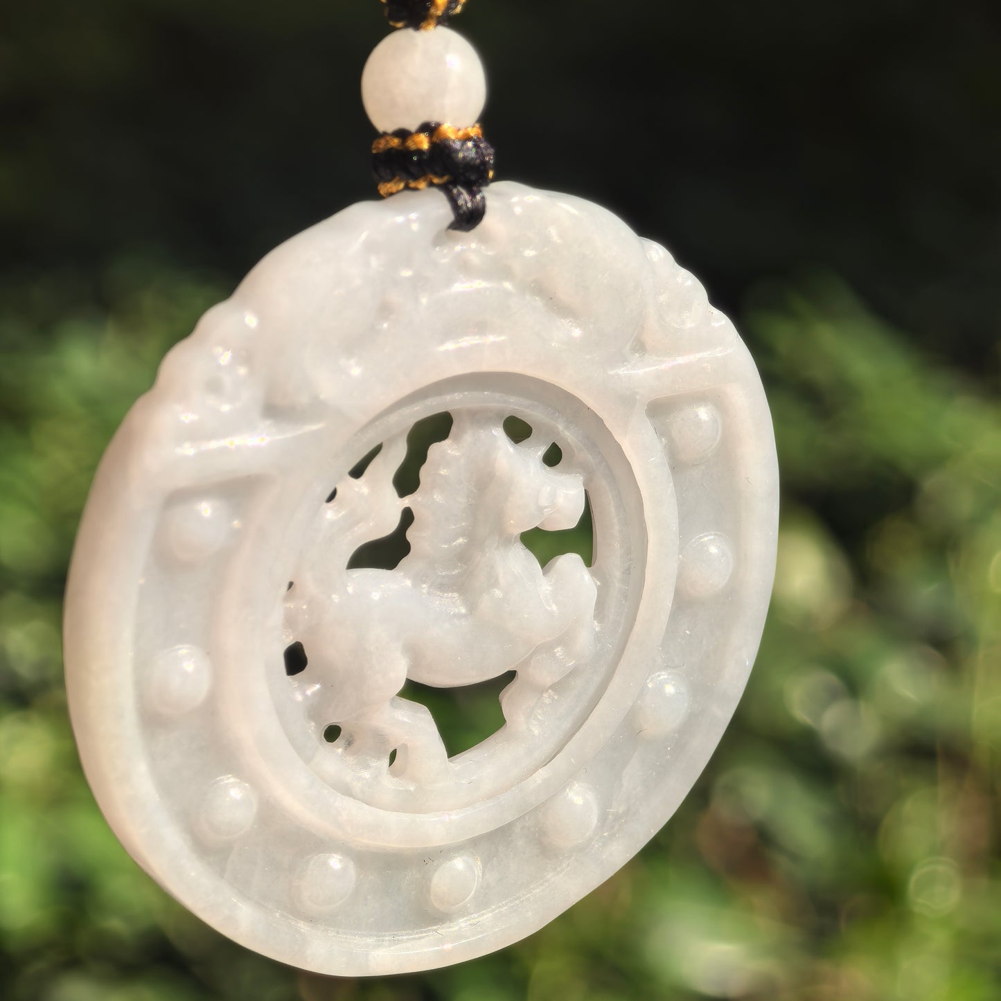 Natural Grade-A Glutinous White Rotating Horse Plaque Jadeite Pendant · Burmese Jade