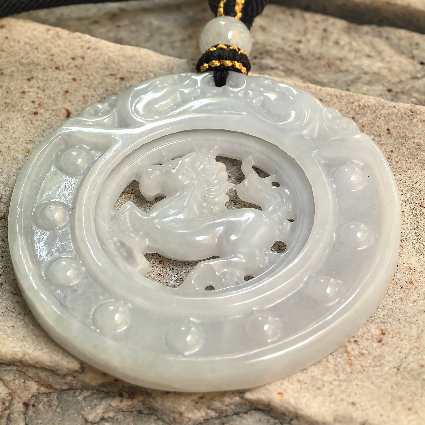 Natural Grade-A Glutinous White Rotating Horse Plaque Jadeite Pendant · Burmese Jade