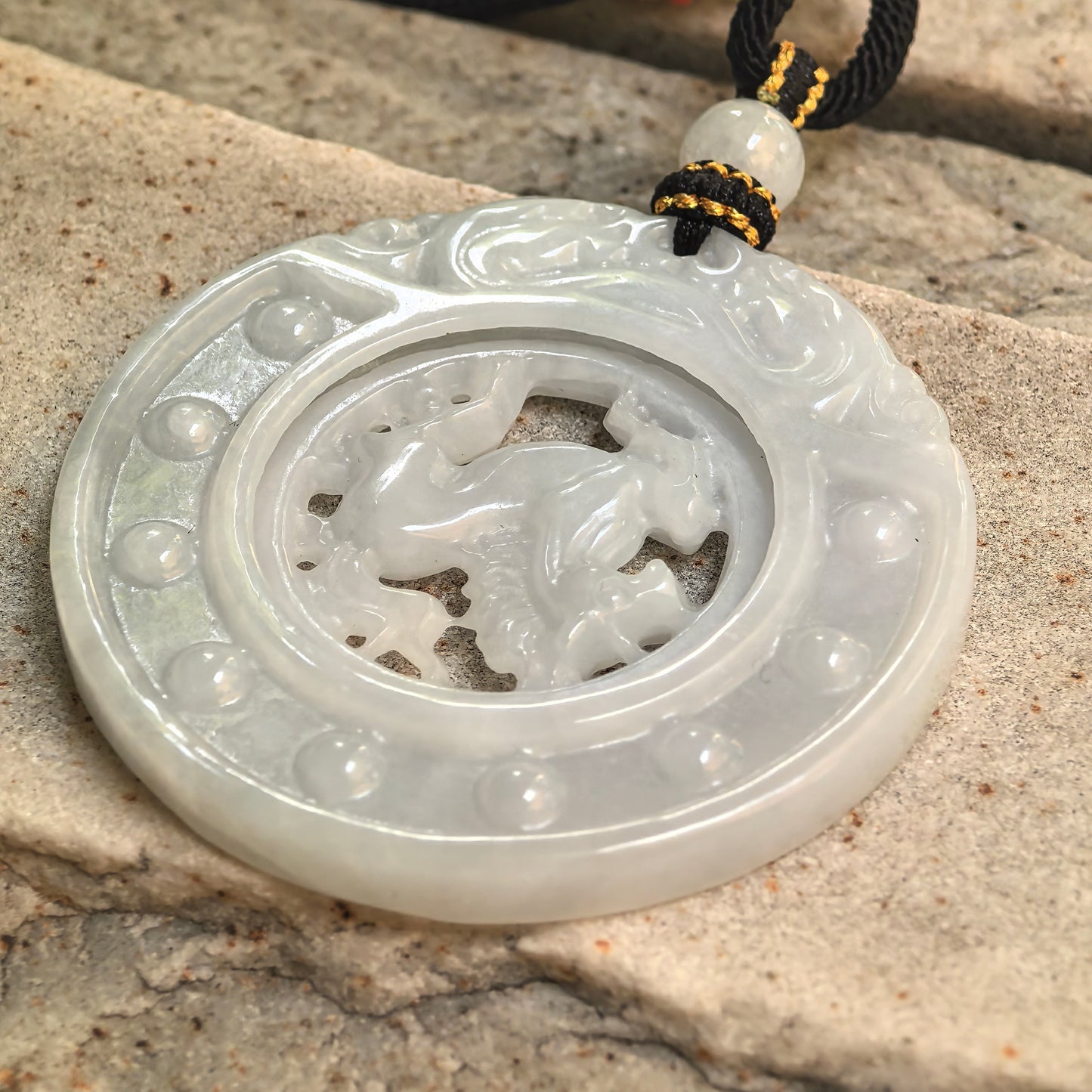 Natural Grade-A Glutinous White Rotating Horse Plaque Jadeite Pendant · Burmese Jade