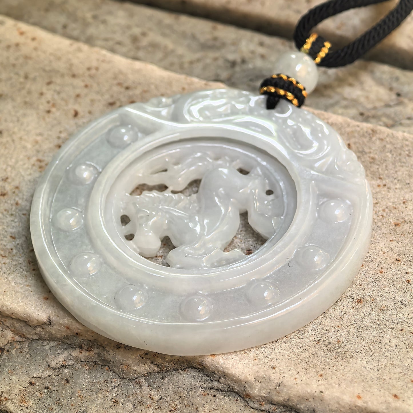 Natural Grade-A Glutinous White Rotating Horse Plaque Jadeite Pendant · Burmese Jade