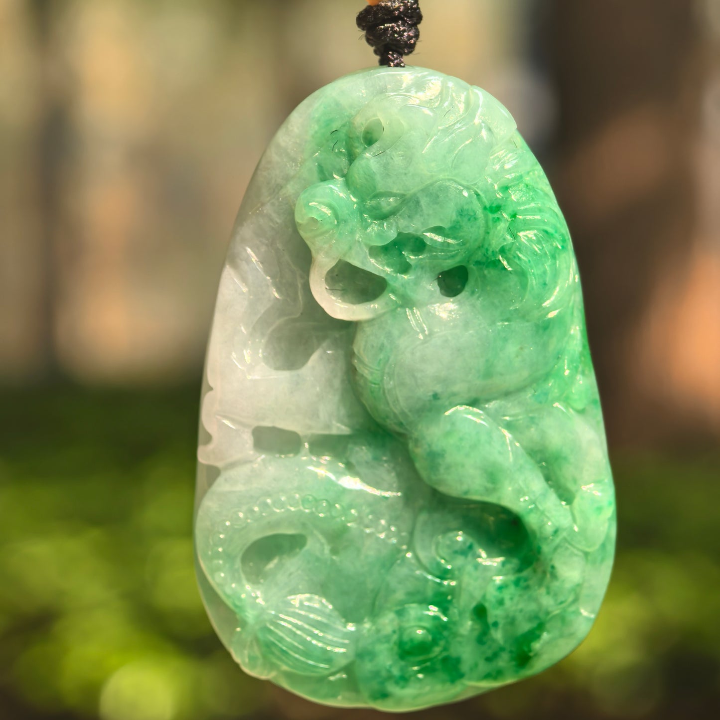 Natural Grade-A Glutinous Green Dragon Plaque Jadeite Pendant · Burmese Jade