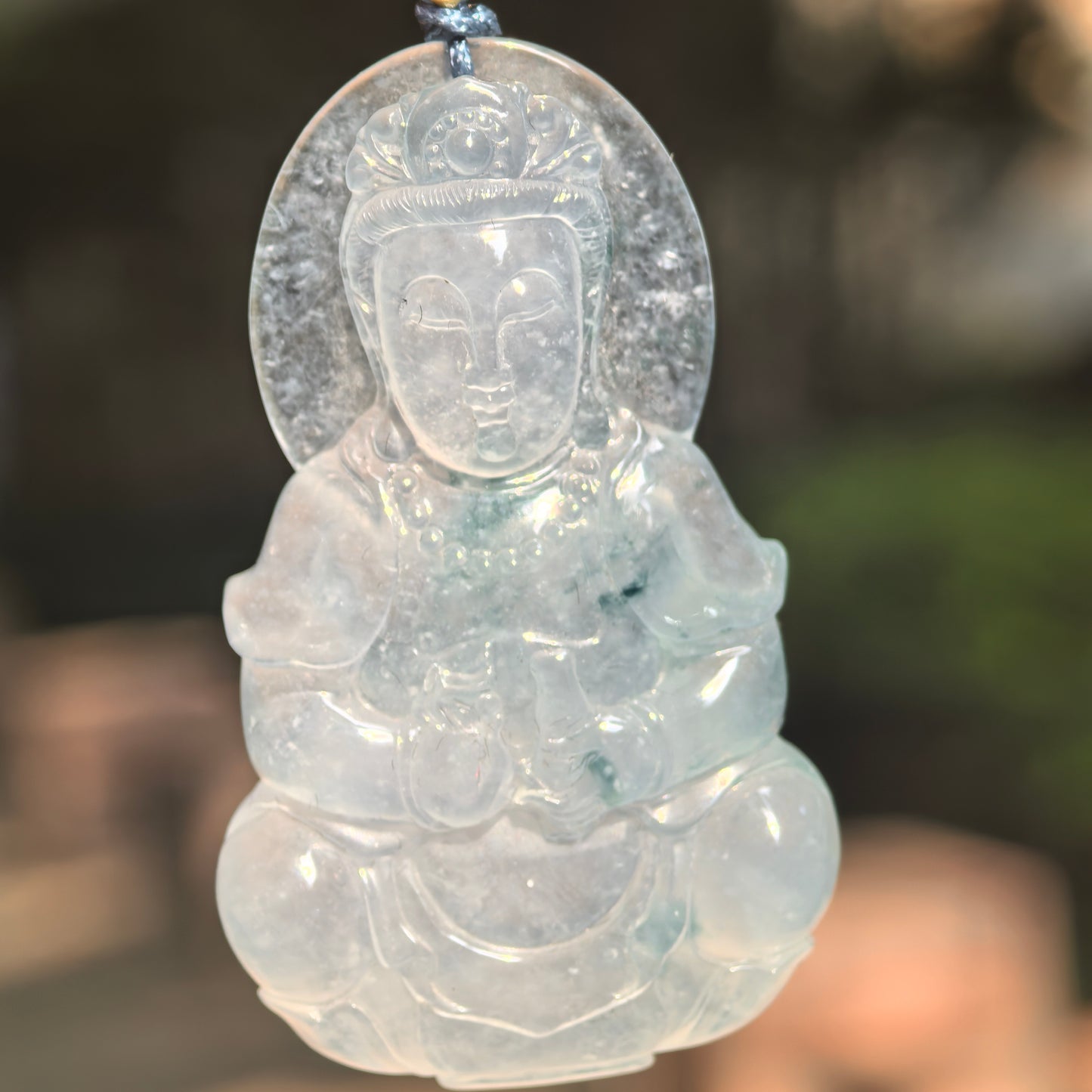 Natural Grade-A Icy Glutinous Light Green White Guanyin Jadeite Pendant · Burmese Jade